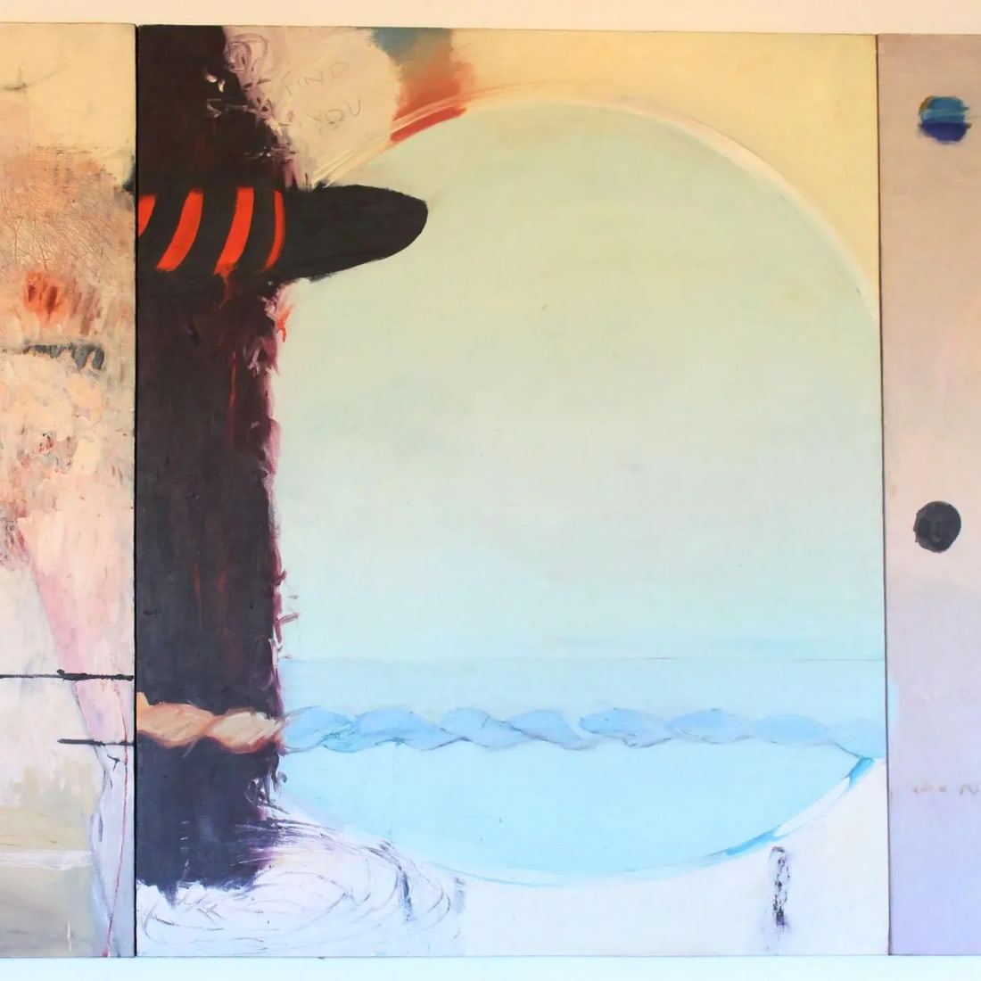 1980's Modern Abstract Extra Large Triptych Painting by Cheryl Bowers/Ciel Bergman- "The Camels Smil - 4
