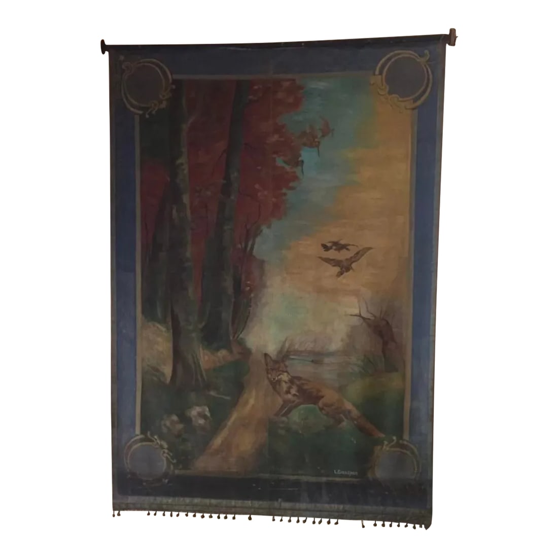 1940s Parisienne Canvas Backdrop for Street Plays: This vintage original oil on canvas was used as a backdrop for plays performed on the streets of Paris. It makes a fabulous wall hanging that adds color and texture to many rooms in a house. It is