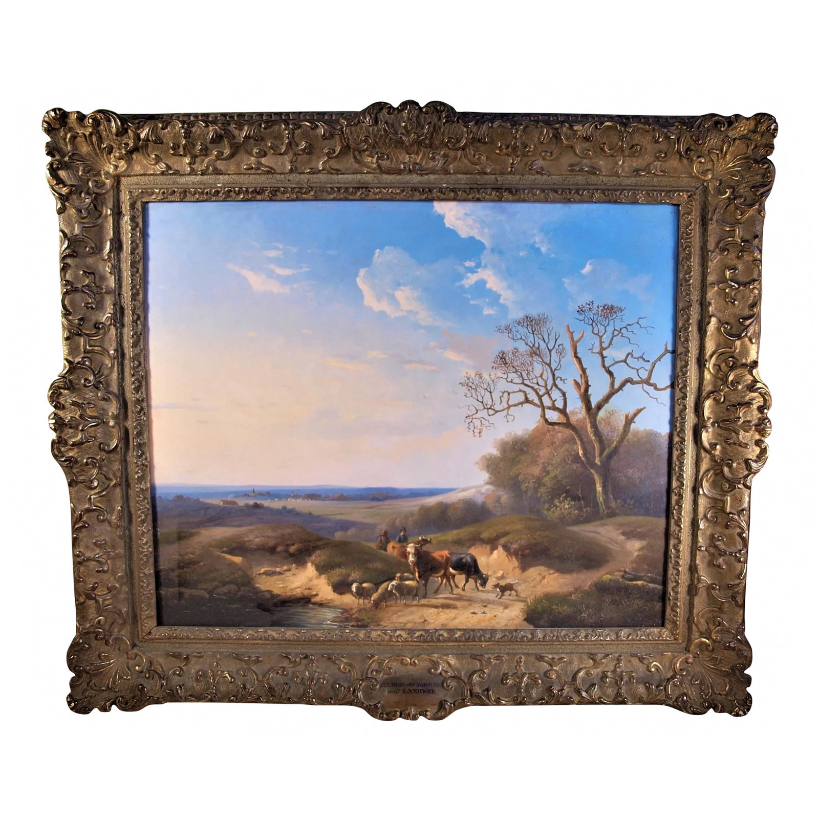 Early 19th Century Pastoral Landscape Oil Painting by Eugene Verboeckhoven and Louis Verwee, Framed: An unusual collaborative painting by Eugene Verboeckhoven and Louis Verwee. Painting is oil on board. Depicts a pastoral setting by a river with cows and sheep being tended by two herders. Both