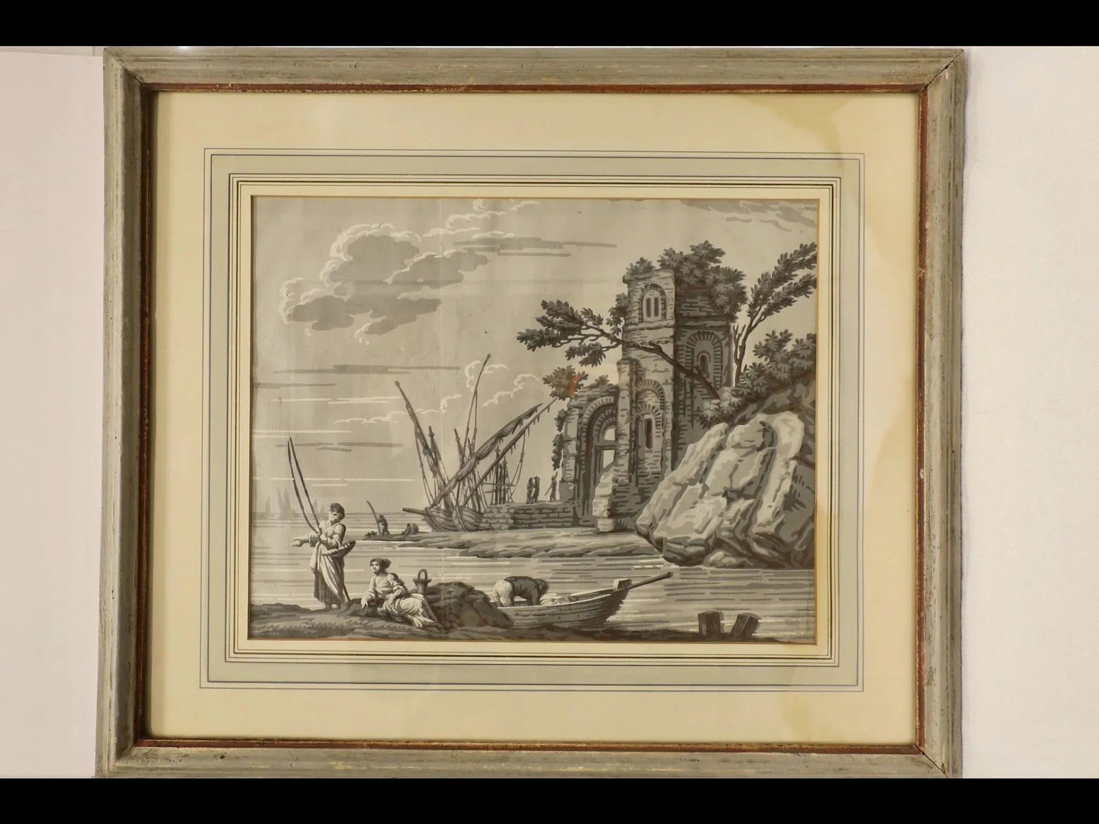 Pair of Antique Wallpaper Grisaille Scenic Prints - 3