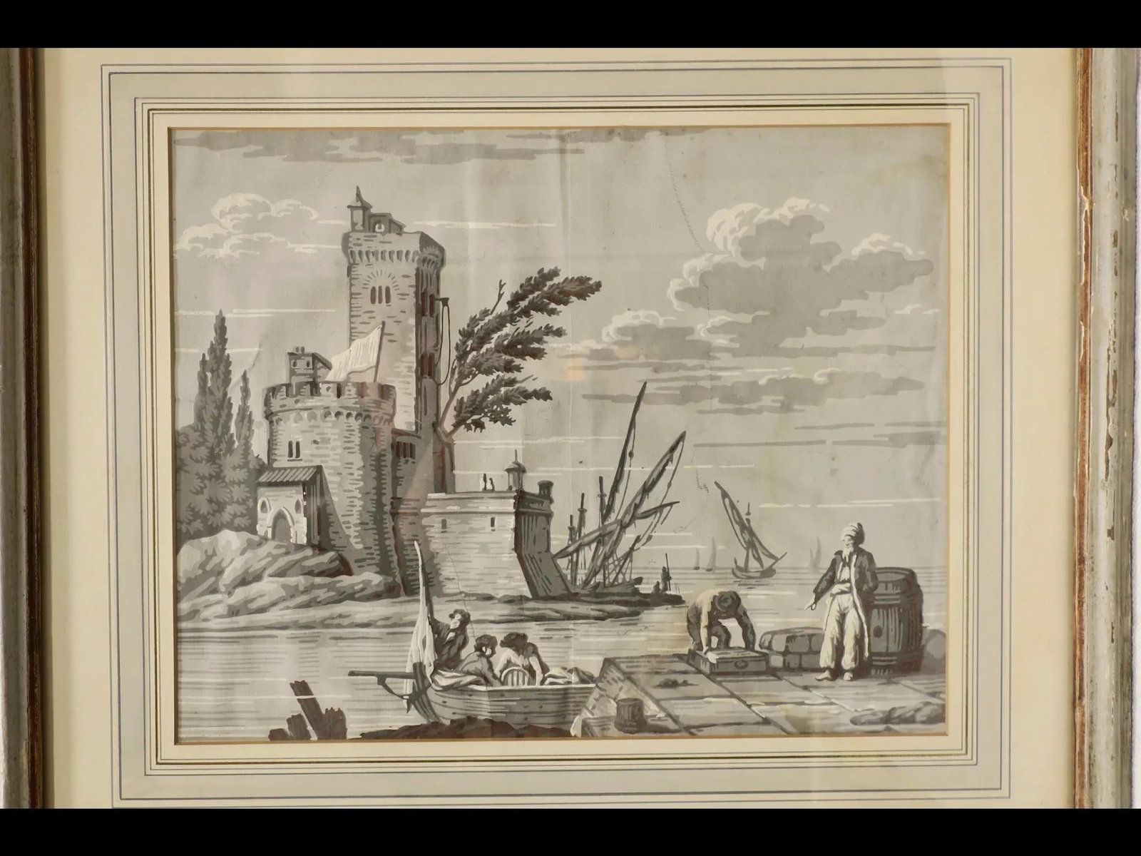 Pair of Antique Wallpaper Grisaille Scenic Prints - 4