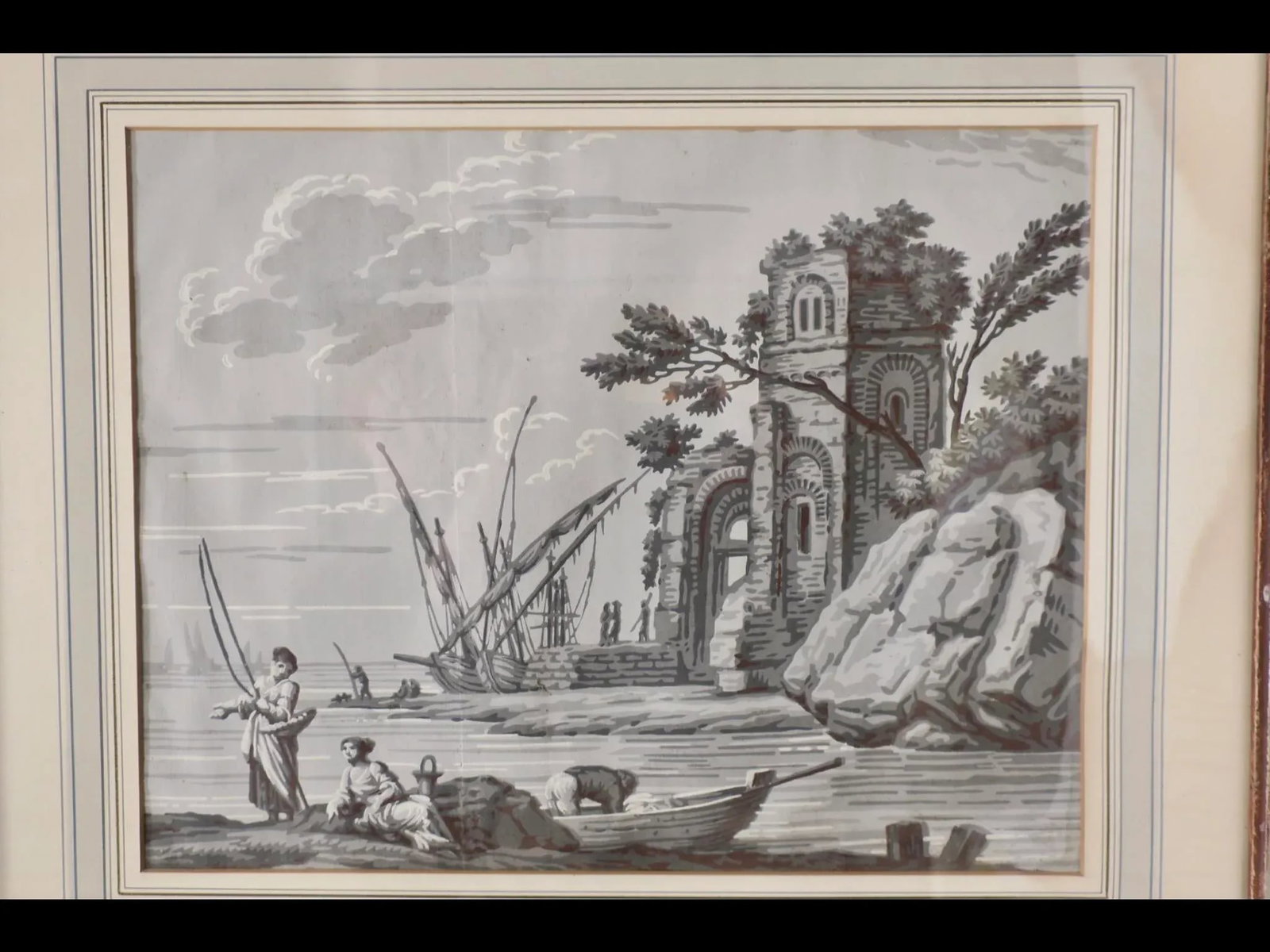 Pair of Antique Wallpaper Grisaille Scenic Prints - 5