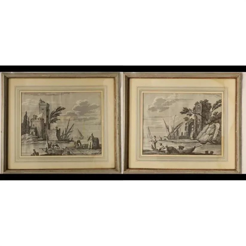 Pair of Antique Wallpaper Grisaille Scenic Prints - 8