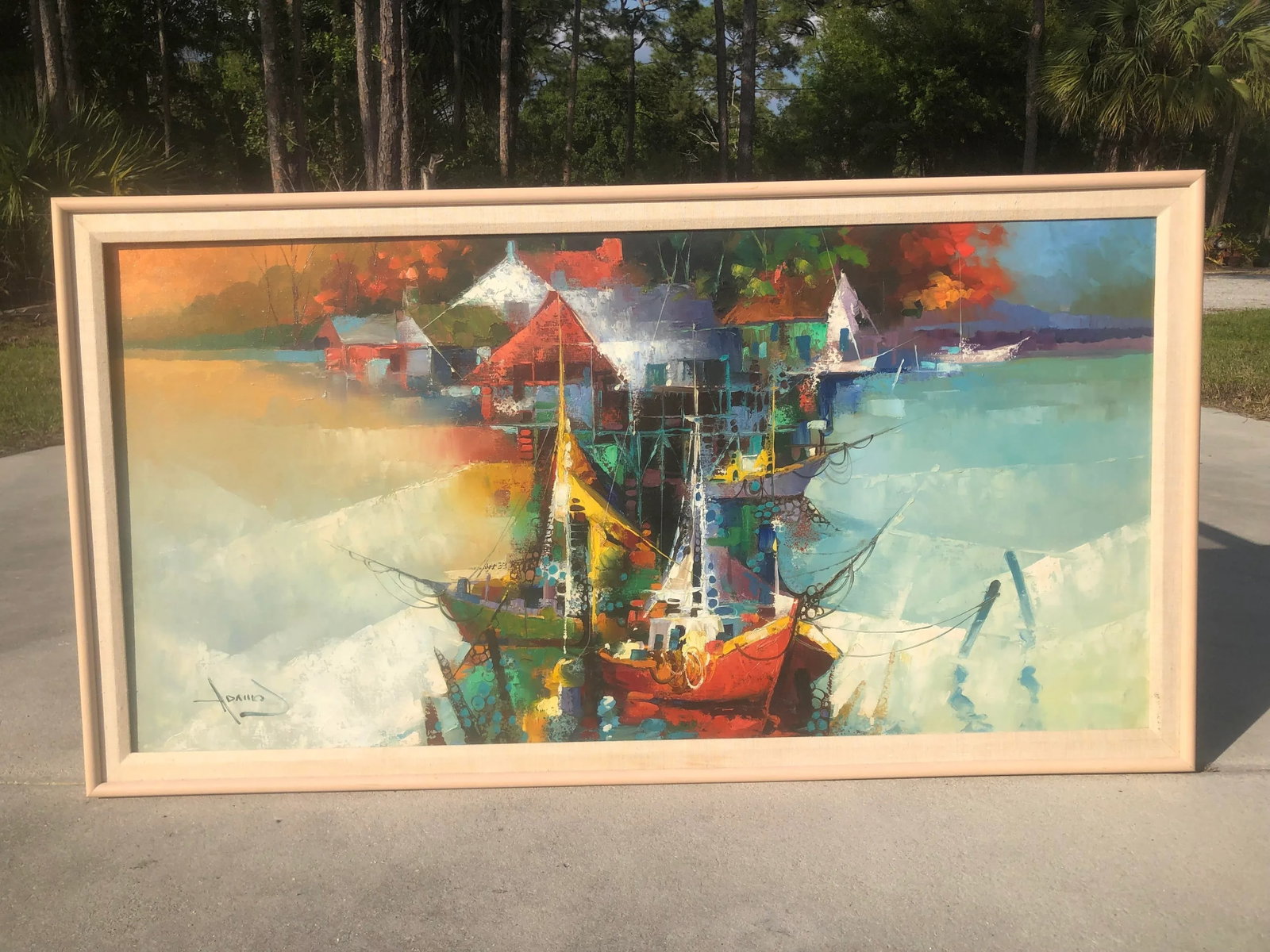 Mid-Century Modern Nautical Abstract Oil Painting With Sailboats, Framed - 10