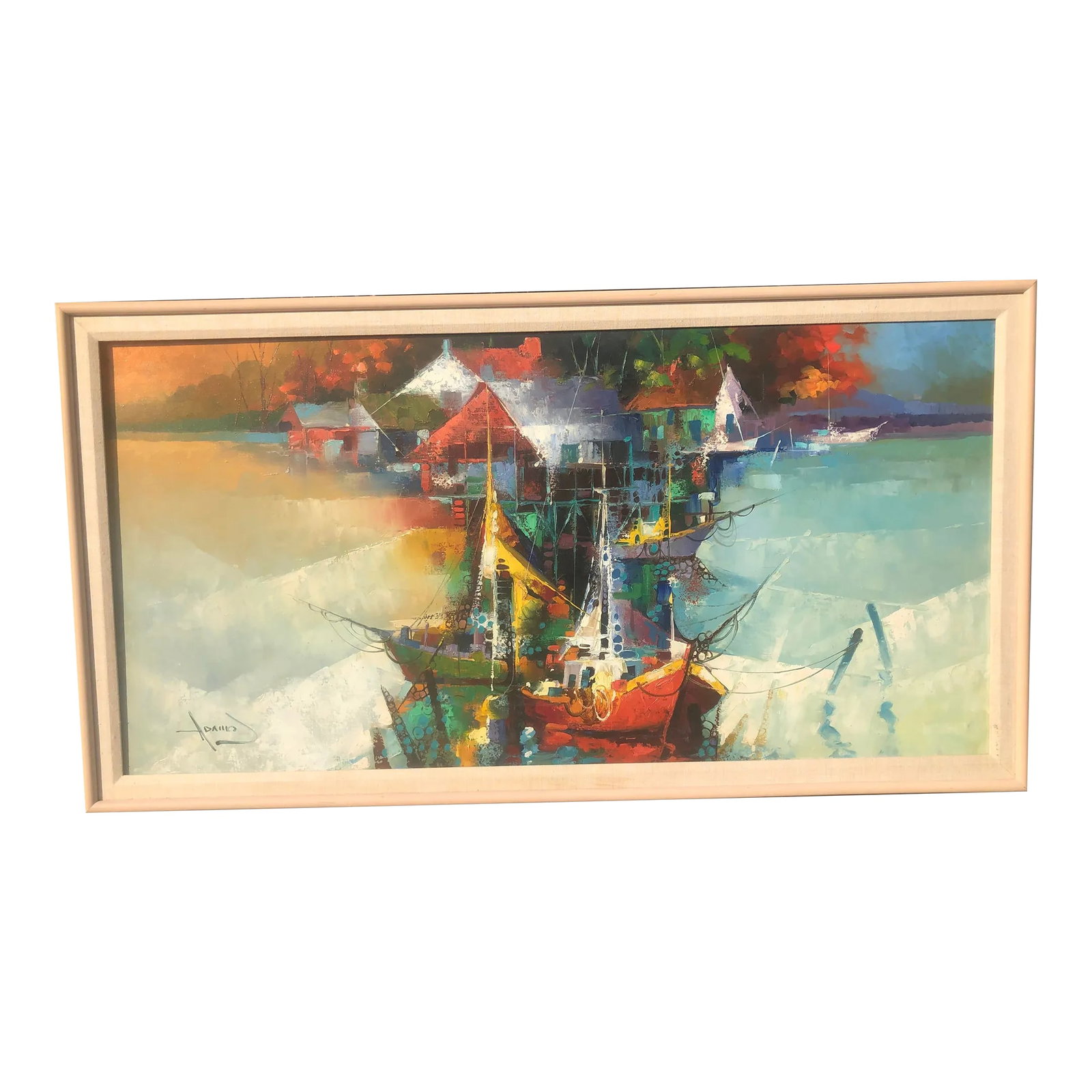 Mid-Century Modern Nautical Abstract Oil Painting With Sailboats, Framed: Beautiful, Abstract Painting of a fishing village on the water. This will be well with a coastal, contemporary, or nautical theme. This unusual piece is a large work of art that is sure to spark