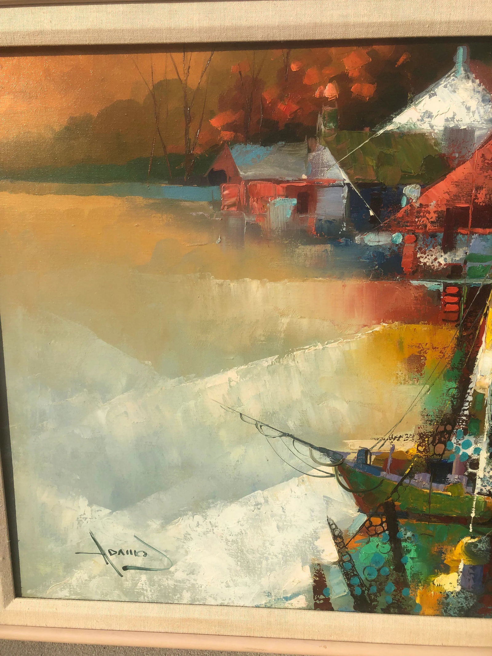 Mid-Century Modern Nautical Abstract Oil Painting With Sailboats, Framed - 3
