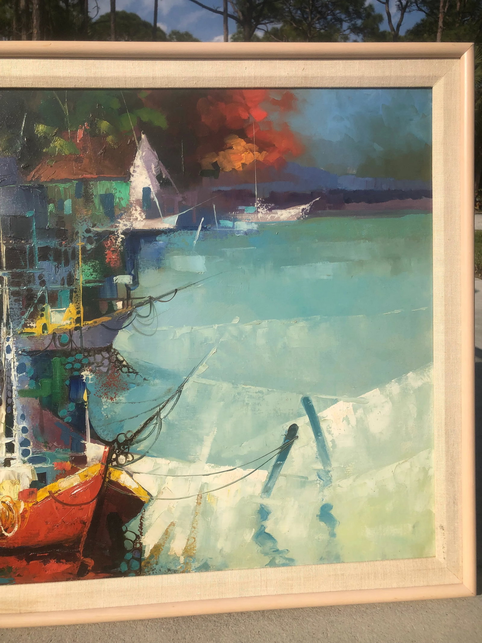Mid-Century Modern Nautical Abstract Oil Painting With Sailboats, Framed - 5