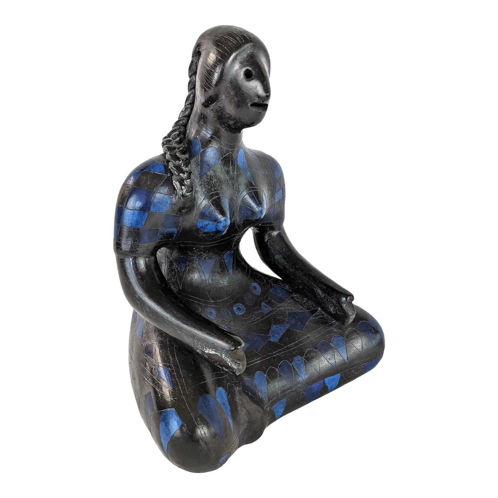 Manuel Felguerez Sitting Woman Terracotta Sculpture: Vintage Mid Century Modern impressive sculpture of a sitting woman with geometric patterns and braided hair, attributed to well-renowned Mexican Artist Manuel Felguerez Felguerez was a member of the