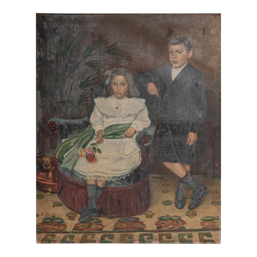 1900s French Painting: This early 20th-century French portrait painting captures a tender domestic moment, depicting two children in formal attire posed within an interior setting. The artists use of muted tones and natural