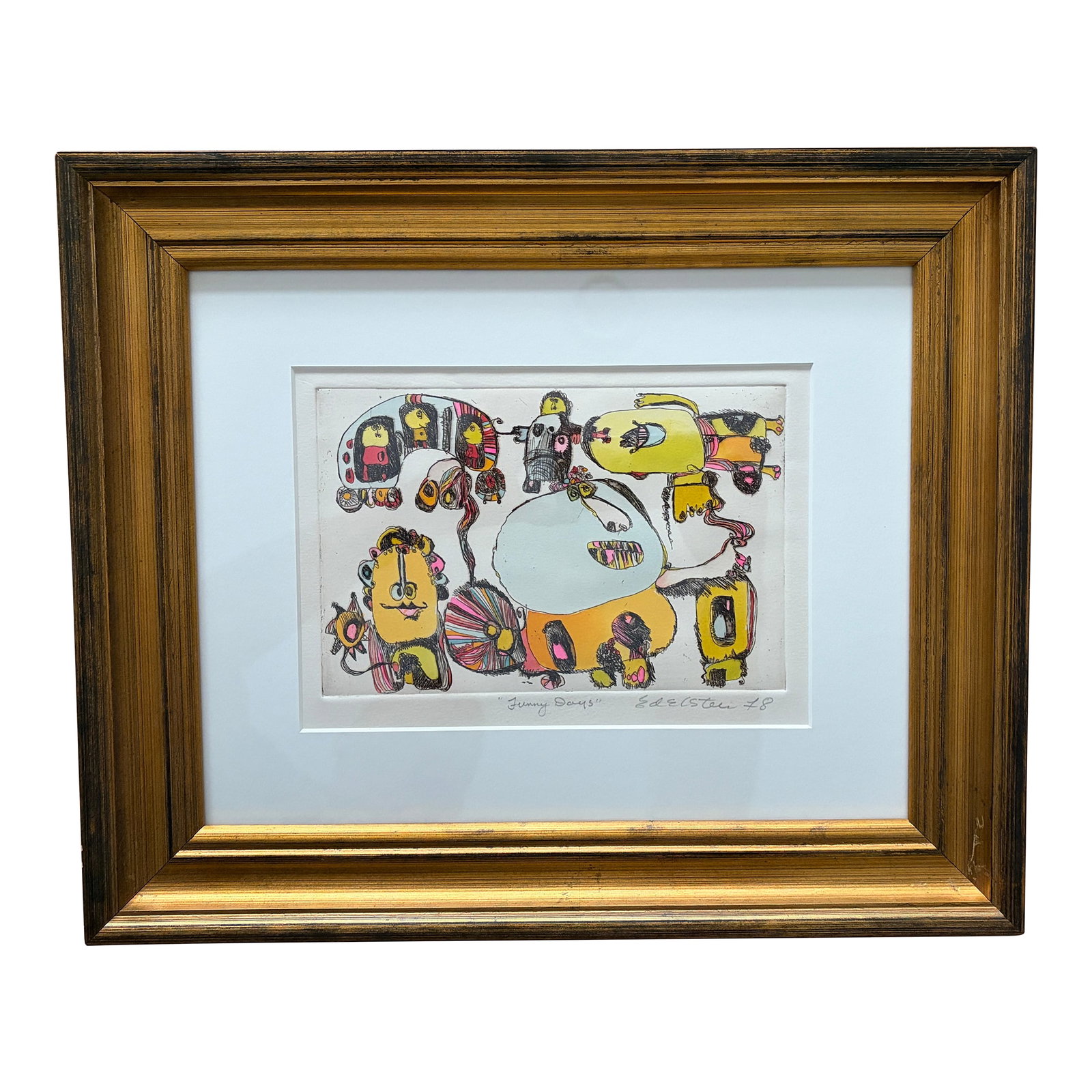 1970s Whimsical Modern Artwork "Funny Days" by Edelstein Signed 1978 - Framed Figurative Illustratio: A charming and expressive 1978 signed work titled "Funny Days", featuring playful, whimsical figures rendered in lively hand-drawn linework and warm, saturated tones. Signed and dated "Edelstein '78"