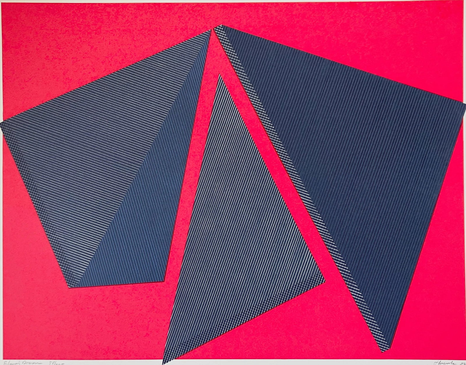 1980s "Elena's Dream" Jean-Marie Haesle Abstract Geometric Signed and Numbered Serigraph: This bold abstract geometric print is by the well-known French/American artist, Jean-Marie Haessle (1939- ). It is in very good, never-framed condition with no flaws to note. Jean Marie Haessle was