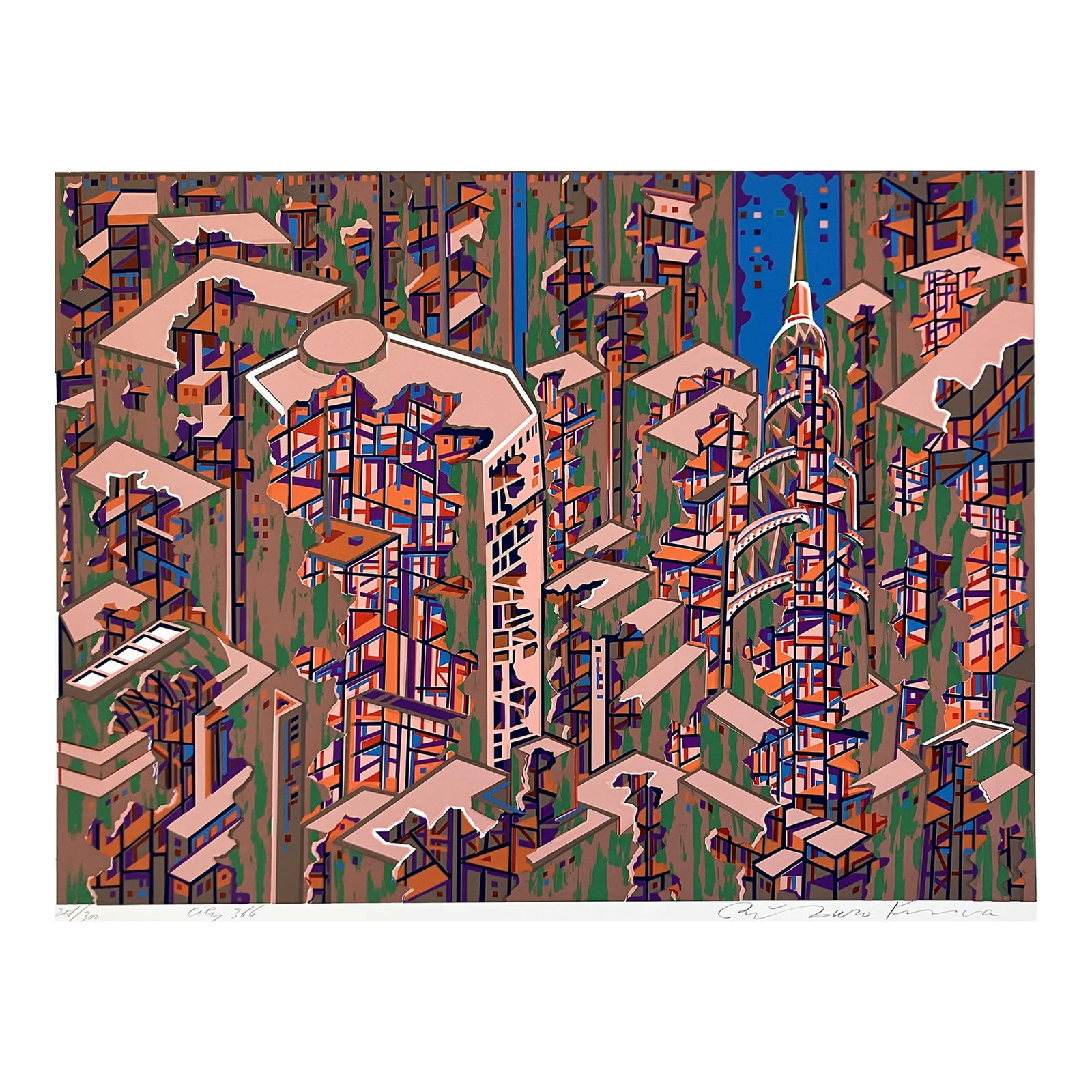 Risaburo Kimura Abstract Geometric Serigraph - City 366 - Signed, Numbered: Artist: Risaburo Kimura- Japanese/American (1924-2014 ) Title: City 366 Year: circa 1972 Medium: Serigraph Sight size: 19.25 x 25.5 inches. Sheet size: 22.75 x 28.75 inches. Signature: Signed lower