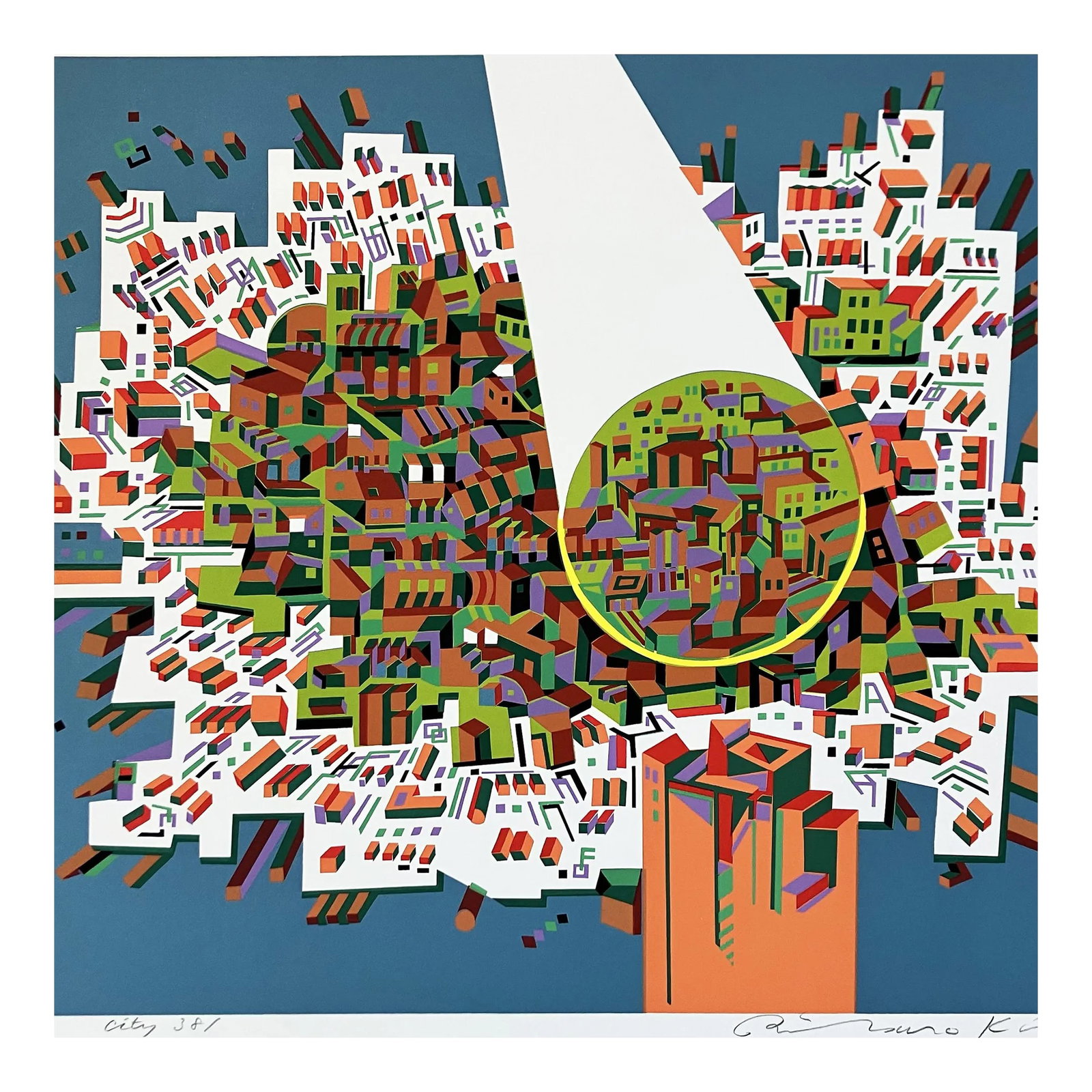 Risaburo Kimura Abstract Geometric Serigraph - City 381 - Signed, Numbered: Artist: Risaburo Kimura- Japanese/American (1924-2014 ) Title: City 381 Year: circa 1972 Medium: Serigraph Sight size: 19.25 x 25.5 inches. Sheet size: 22.75 x 28.75 inches. Signature: Signed lower ri