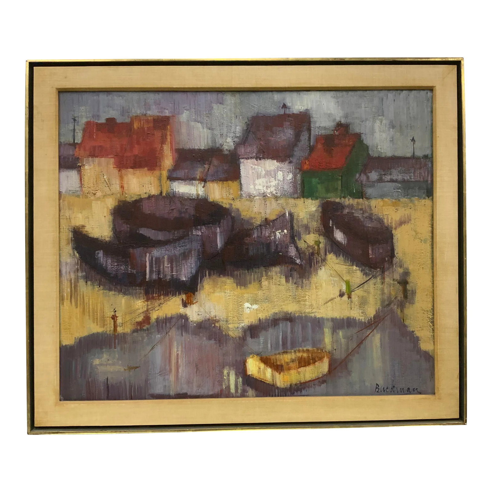 1960s Vintage Oil on Canvas Abstract Landscape: Great midcentury abstract landscape painting . Signet Backman lover right . Original gilt edge float frame. Monede gallery( c 1960s, NYC) on back . Apparently painting was shipped from Paris , France 