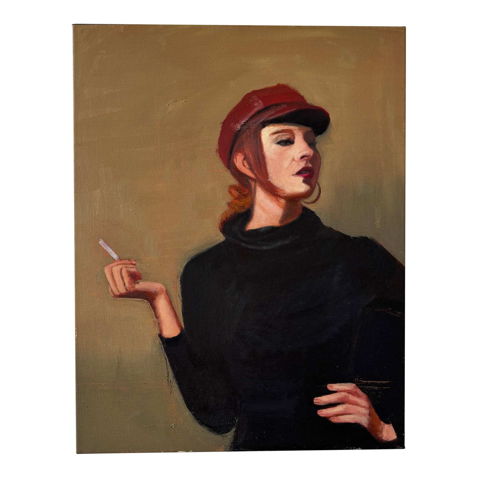 Contemporary Woman With Cigarette Original Oil on Canvas: Original oil painting of woman smoking gallery wrapped canvas Signed "MCollins" on left side of canvas. Signed by Michelle Collins Condition: Imperfections: No Imperfections Origin: United States
