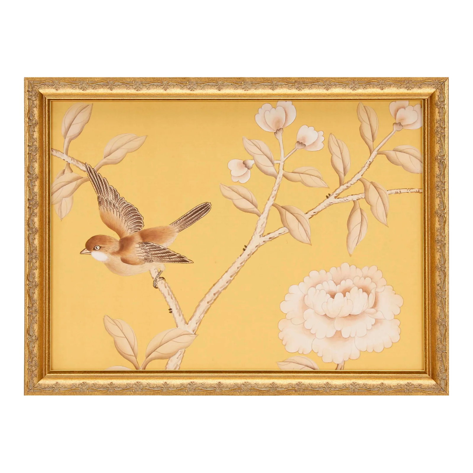 Silk Painting, Bird on Branch Wings Spread, Framed: Vintage hand-painted bird and botanicals on golden hued silk has been mounted to archival quality board and newly framed in Italian solid-wood moulding with ornament and gold-gilt. The painting is