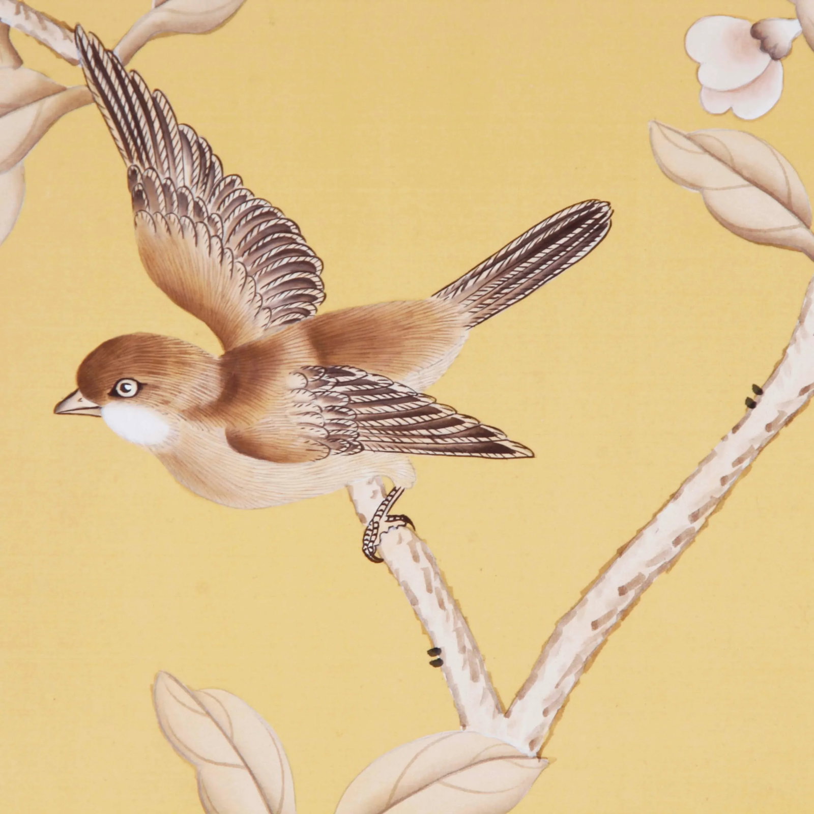 Silk Painting, Bird on Branch Wings Spread, Framed - 2