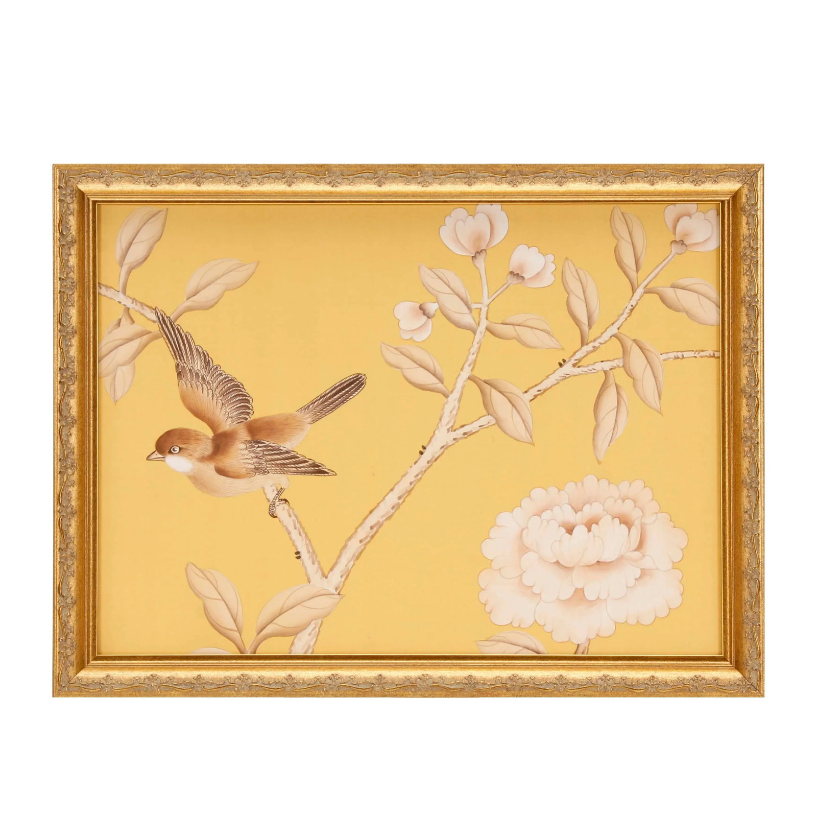 Silk Painting, Bird on Branch Wings Spread, Framed - 4