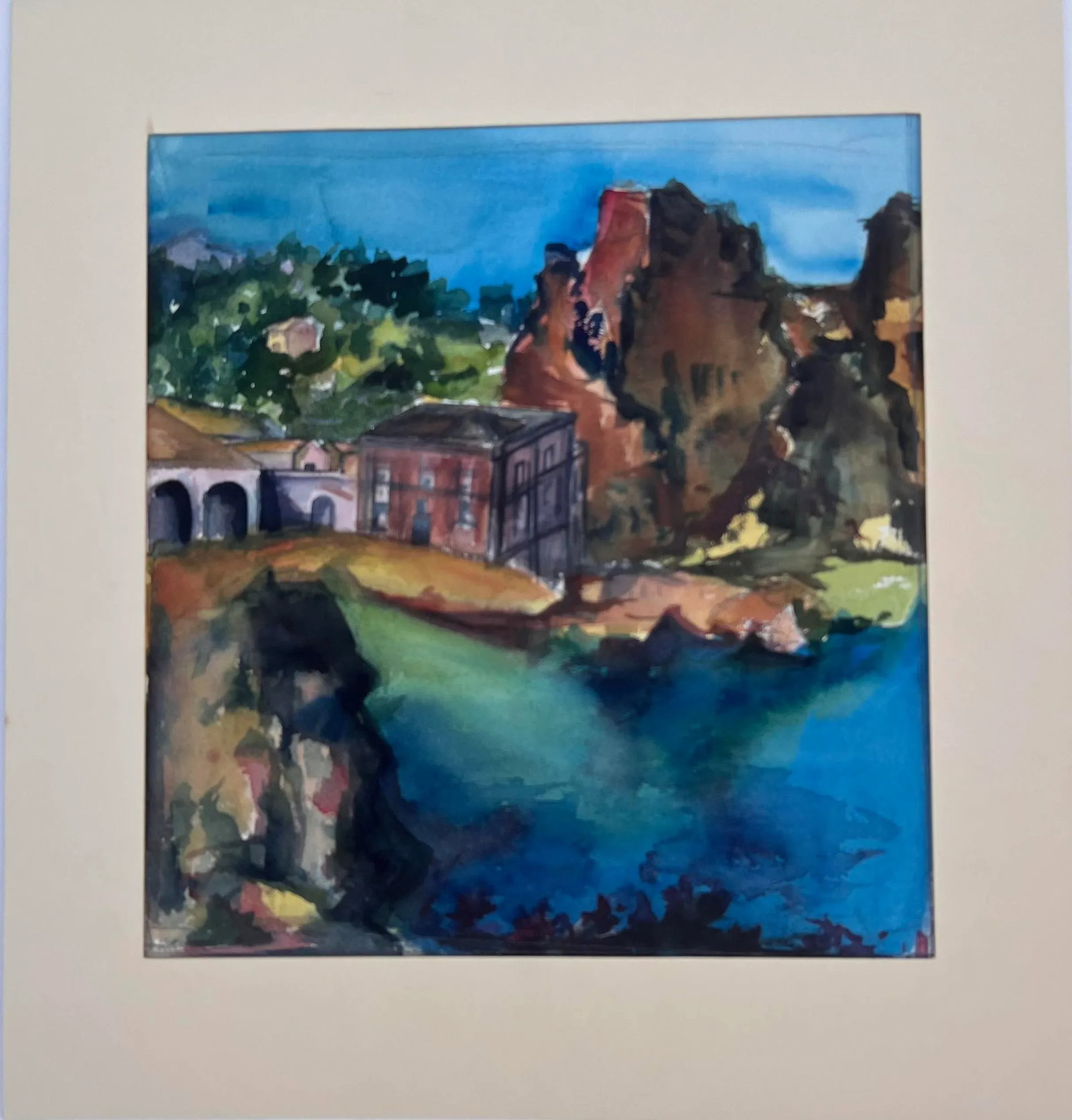 1970s Expressionist Seaside Village Scene Watercolor Painting - 2