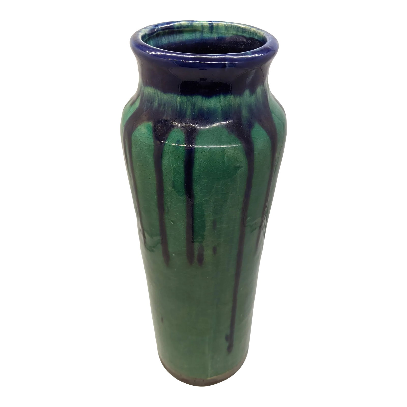 Teal Green and Cobalt Blue Drip Pottery Vase Tall Urn Brown Bronze at Base: Teal Green and Cobalt Blue Drip Pottery Vase Tall Urn Brown Bronze at base Crackle Finish, great condition!! measures 14" tall, 4 3/8" across top, 4" across bottom Condition: Alterations: Original Con