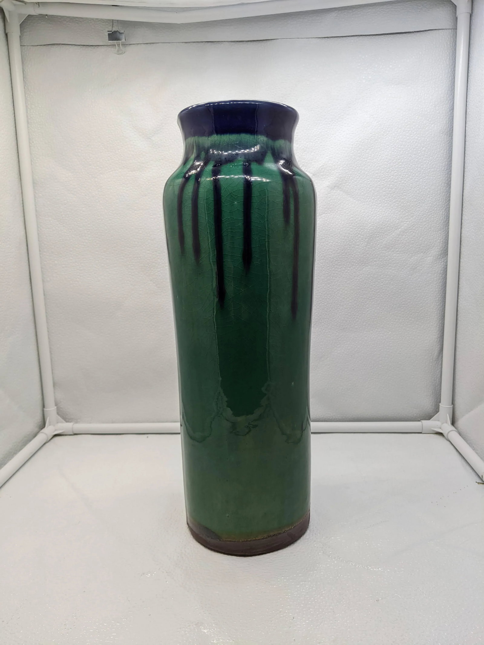 Teal Green and Cobalt Blue Drip Pottery Vase Tall Urn Brown Bronze at Base - 2