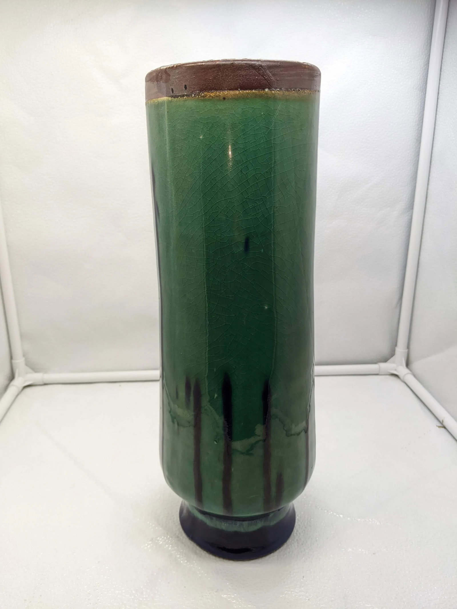 Teal Green and Cobalt Blue Drip Pottery Vase Tall Urn Brown Bronze at Base - 3