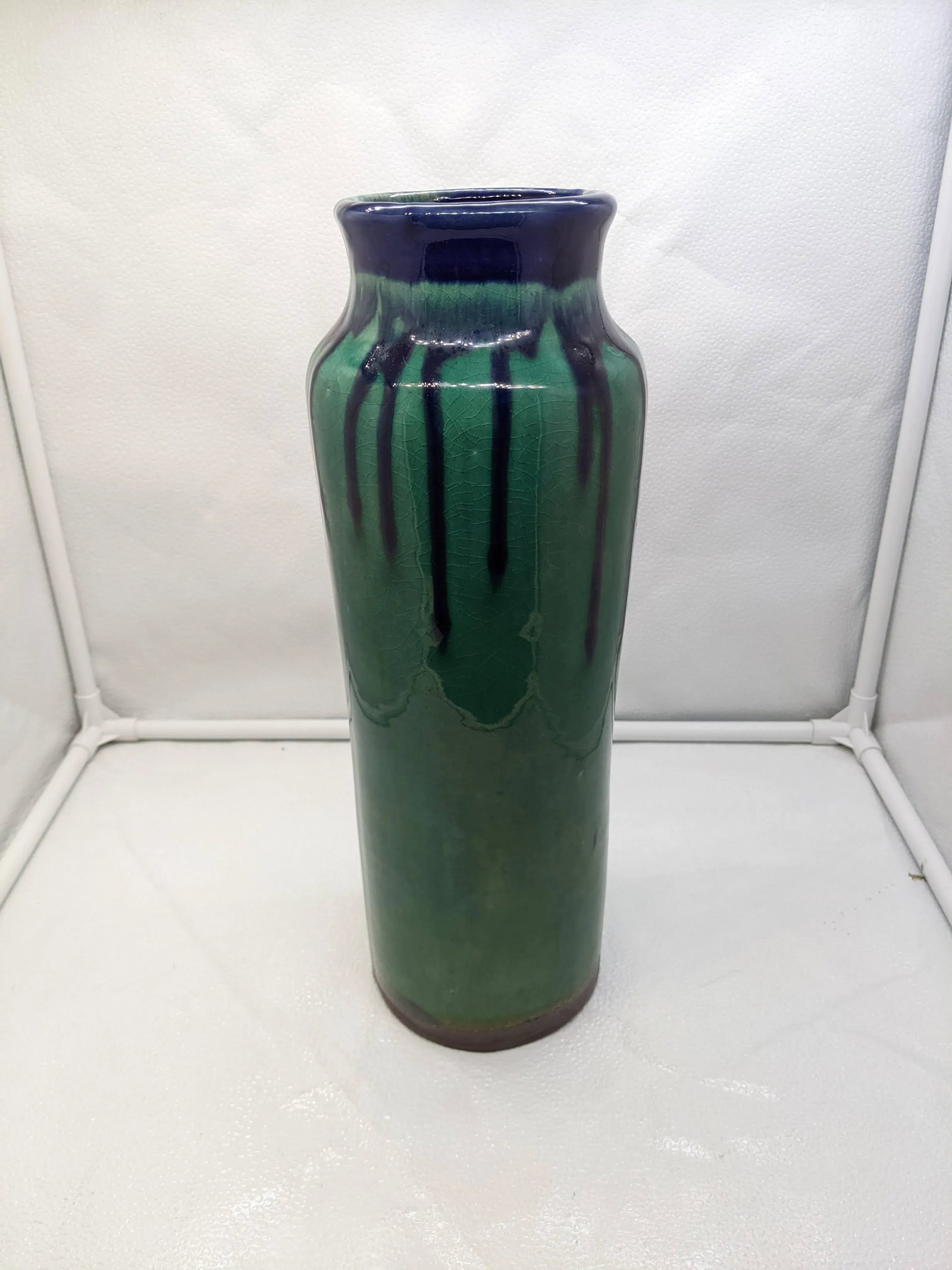 Teal Green and Cobalt Blue Drip Pottery Vase Tall Urn Brown Bronze at Base - 4