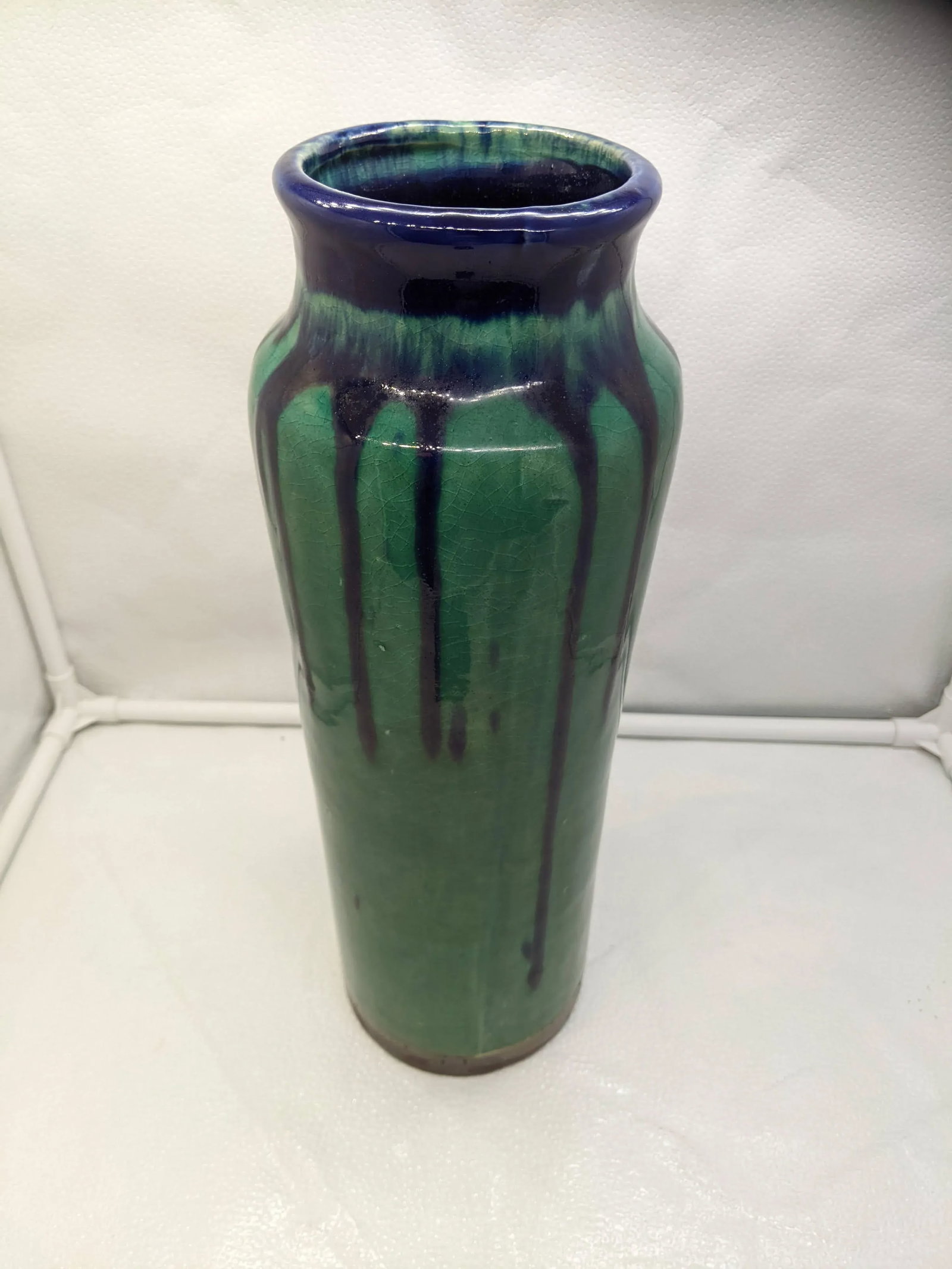 Teal Green and Cobalt Blue Drip Pottery Vase Tall Urn Brown Bronze at Base - 5