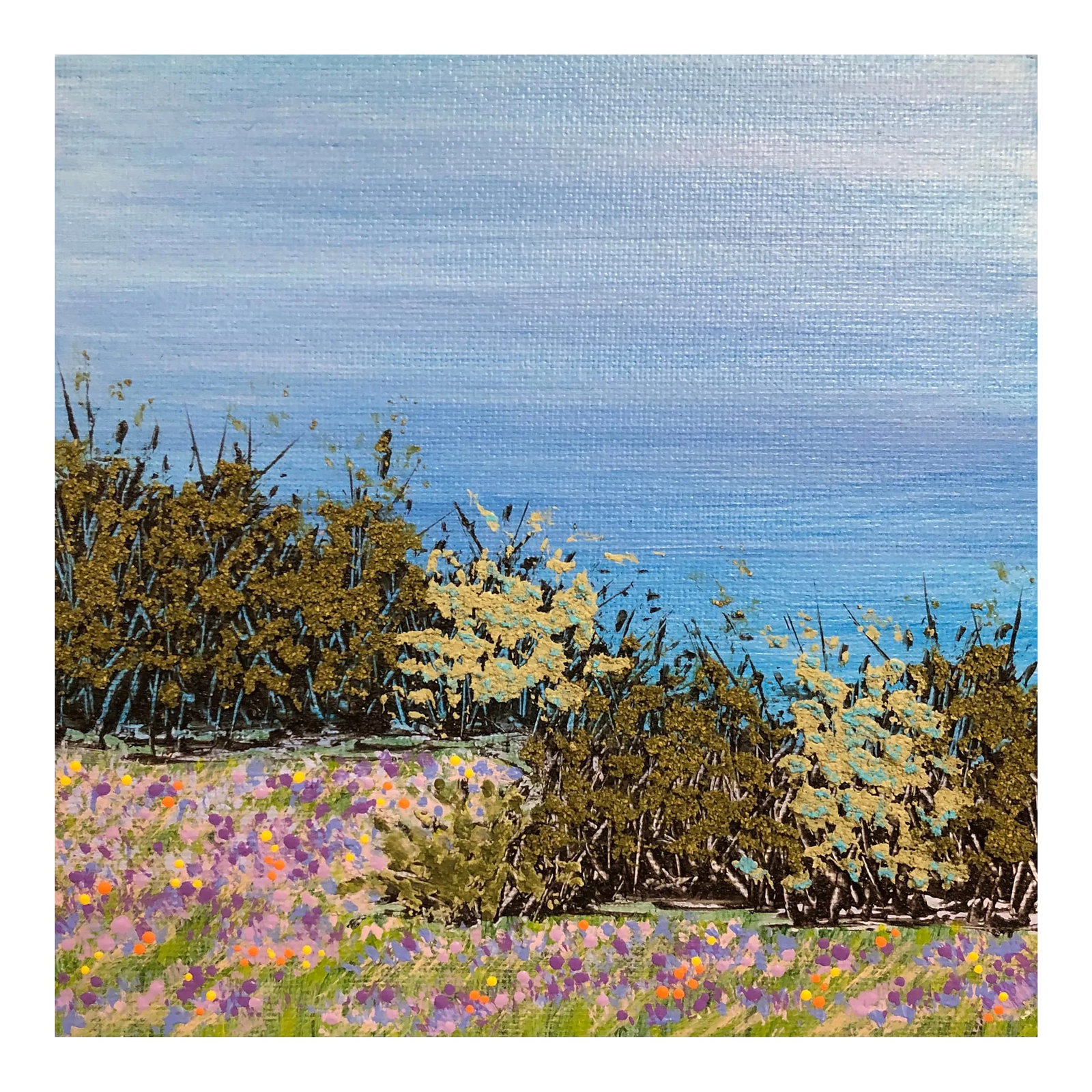 Contemporary 'Spring Brings Hope' Acrylic Painting: This wonderful landscape painting is titled "Spring Brings Hope" and is size 6" x 6". This unique art depicts a landscape scene with a clear blue sky in the background and trees, bushes, and colorful