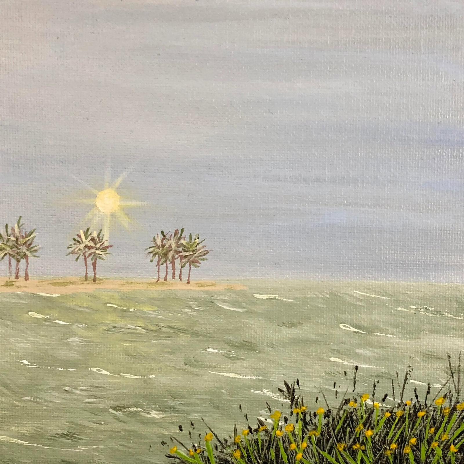 "Dreaming" Contemporary Impressionist Style Painting by Deb Bossert: This beautiful seascape painting is titled "Dreaming" and is size 6" x 6". This unique art depicts a wonderful landscape scene with a clear sunlit sky and palm tree in the background and the ocean