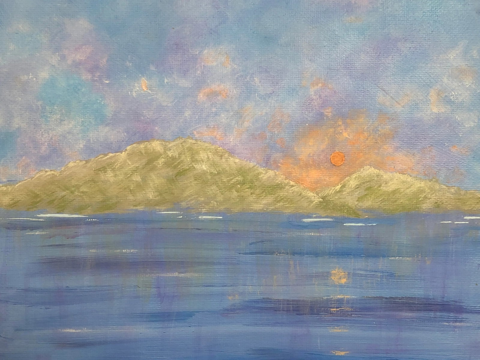 "Top of the Morning" Contemporary Impressionist Style Landscape Painting by Deb Bossert: This wonderful landscape painting is titled "Top of the Morning" and is size 8" x 8". This unique art depicts a landscape scene that you might dream of seeing on a visit to your favorite lake. The vie