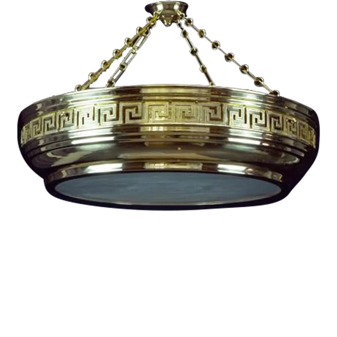 Greek Key large Pendant in Brass Finish: Large Greek Key Hanging fixture. Cast Brass frame with raised and hammered Greek Key surround. 32 inches diameter.Hieght of body 8 inches. Condition: Imperfections: No Imperfections Condition Notes:
