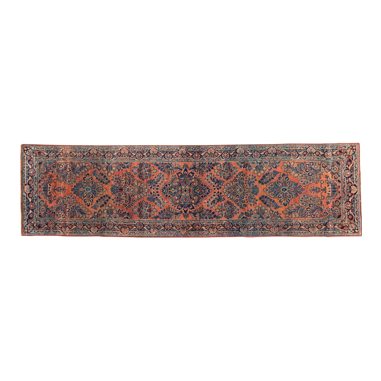1920s Vintage Narrow Sarouk Runner: Narrow and fairly short 1920's Sarouk runner measuring 9.3x2.10. This runner is in very good condition with slight wear in some places. It is not common to find Sarouks in runner format. In fact there