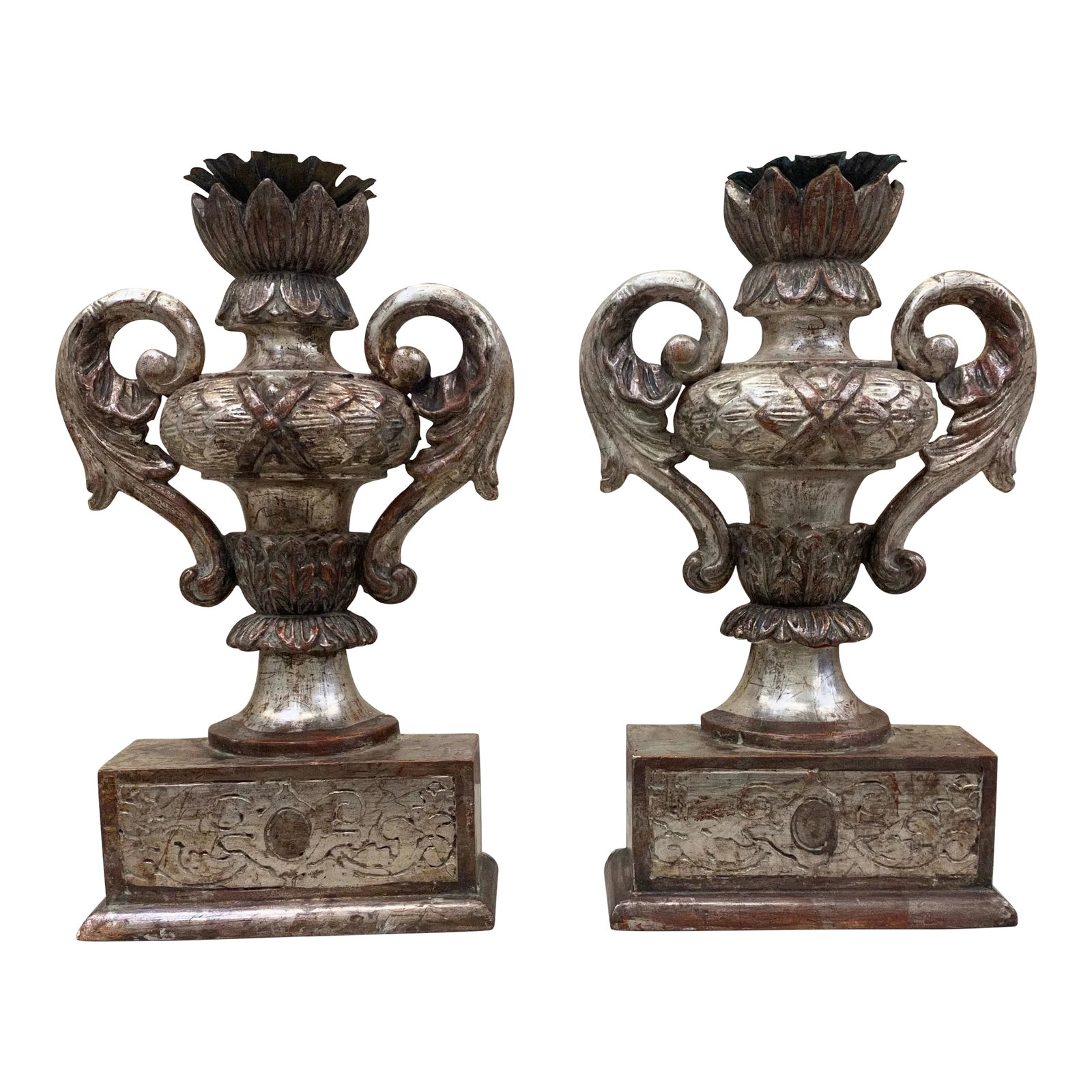 Italian Tuscan Carved Wood Pedestal Candle Holders - a Pair: Stunning pair of Tuscan carved wood pedestal candle holders. This beautiful pair have been sourced out of Florence, Italy, and are a wonderful example of Italian craftsmanship. A very impressive pair 