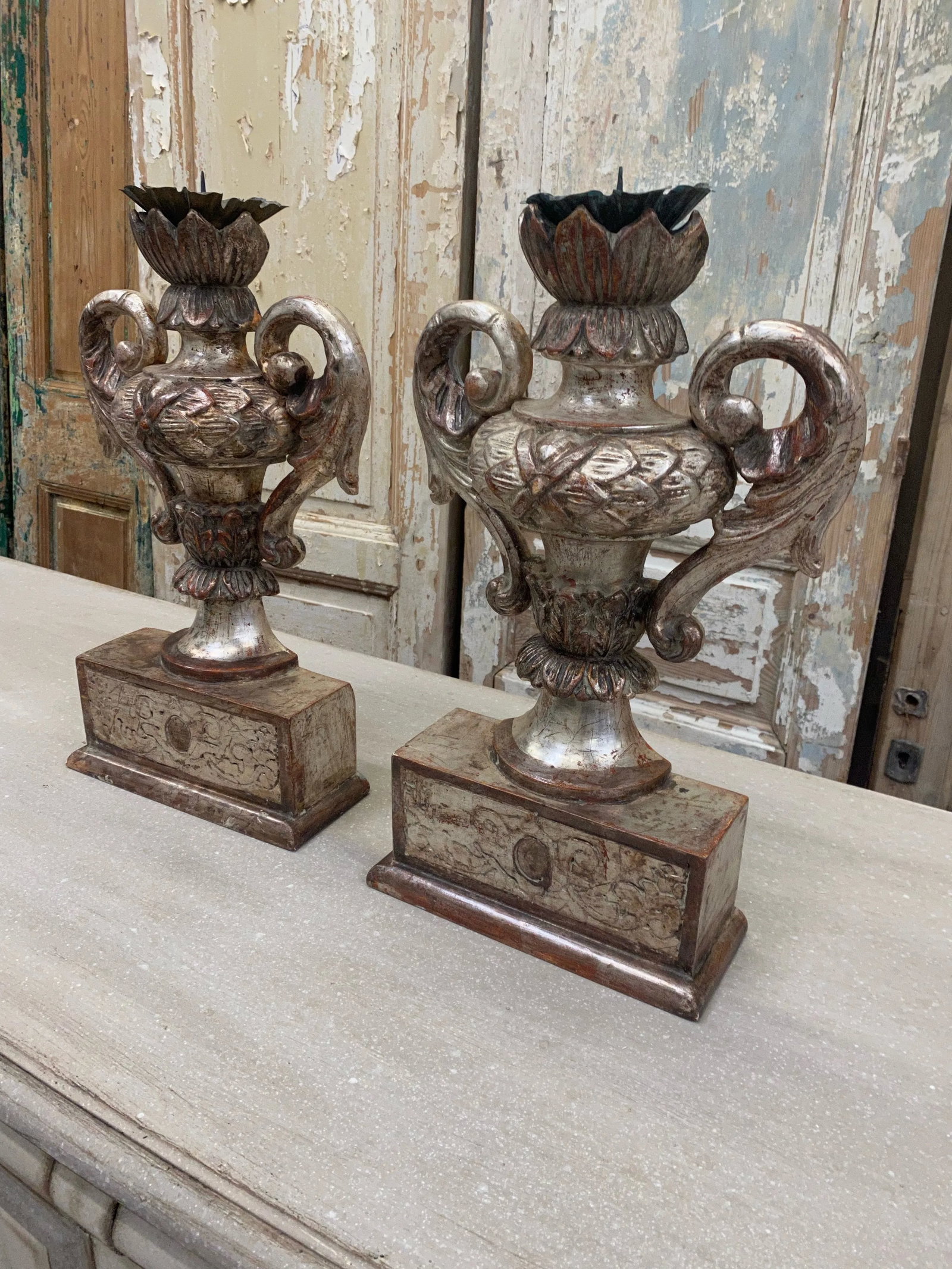 Italian Tuscan Carved Wood Pedestal Candle Holders - a Pair - 2