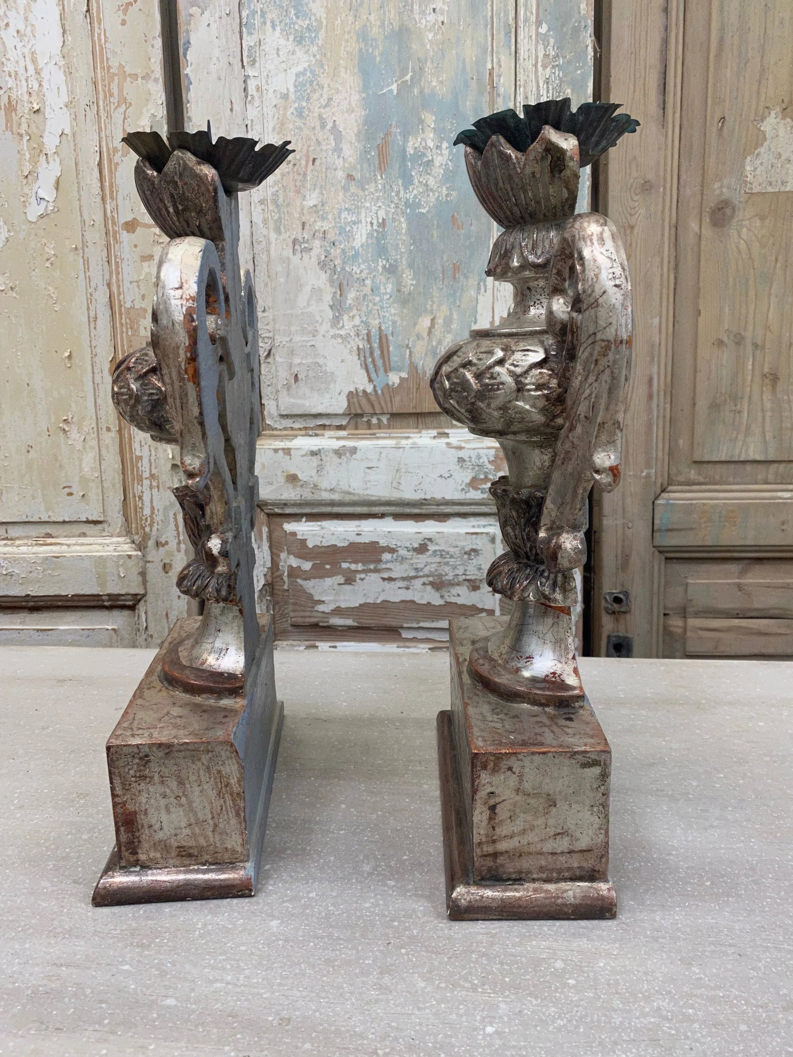 Italian Tuscan Carved Wood Pedestal Candle Holders - a Pair - 4