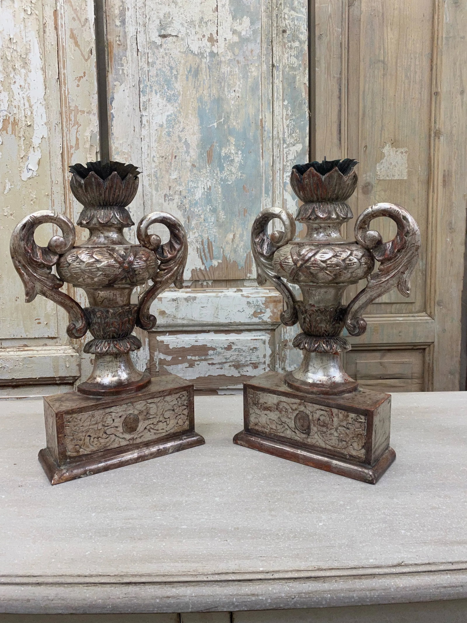 Italian Tuscan Carved Wood Pedestal Candle Holders - a Pair - 6