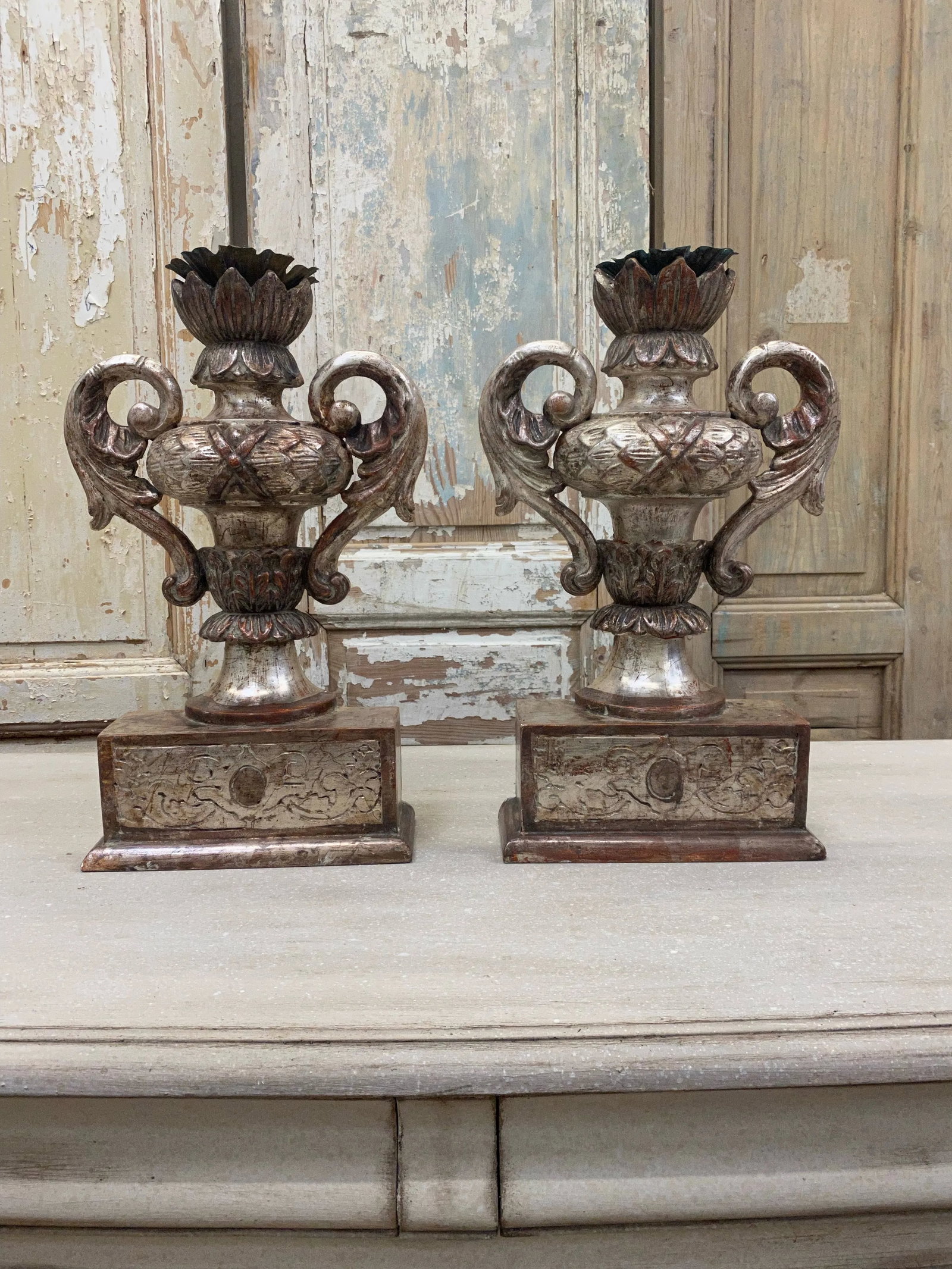 Italian Tuscan Carved Wood Pedestal Candle Holders - a Pair - 7