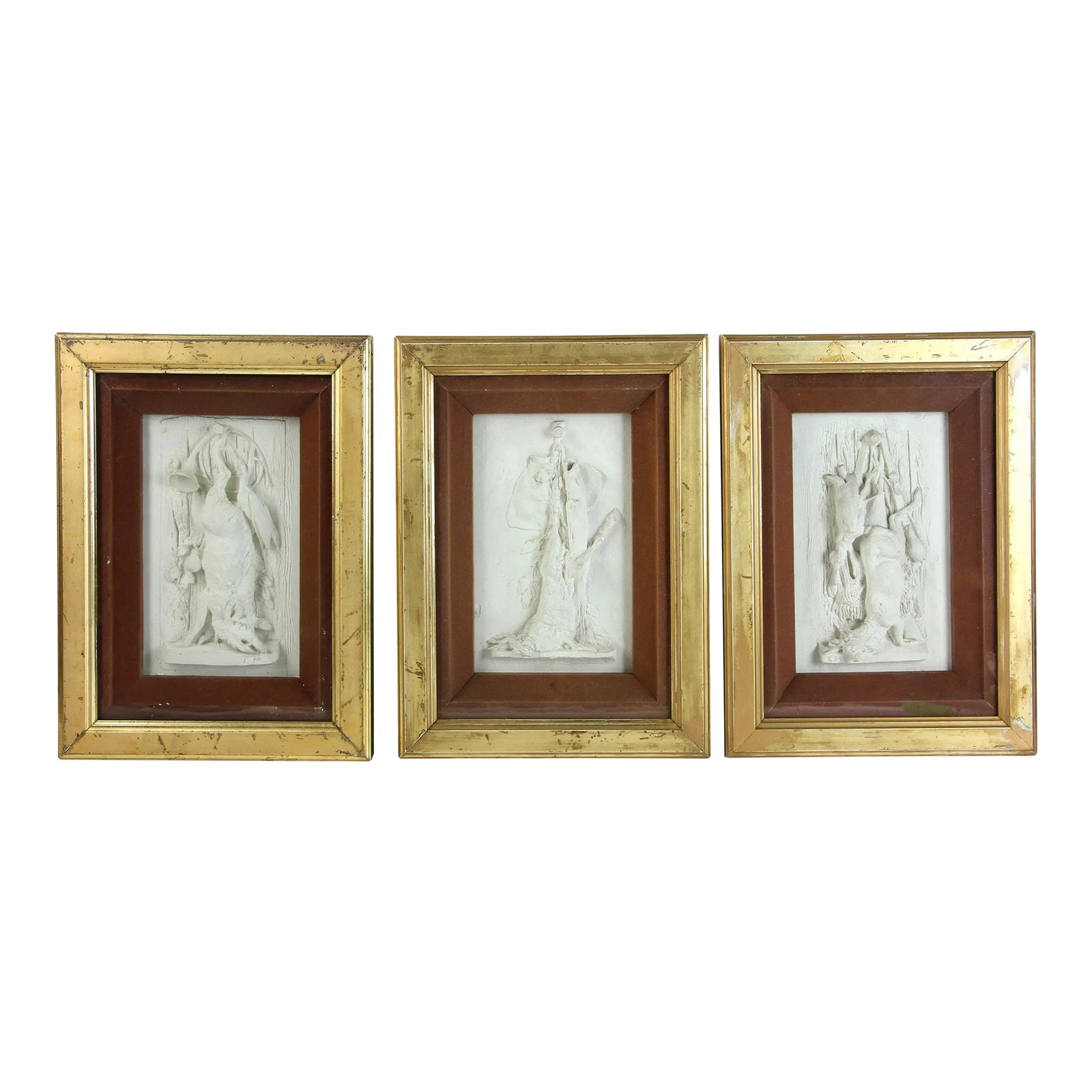 Set of 3 1900 - 1909 Hunting Motif Framed Plaster Reliefs (1 of 6)