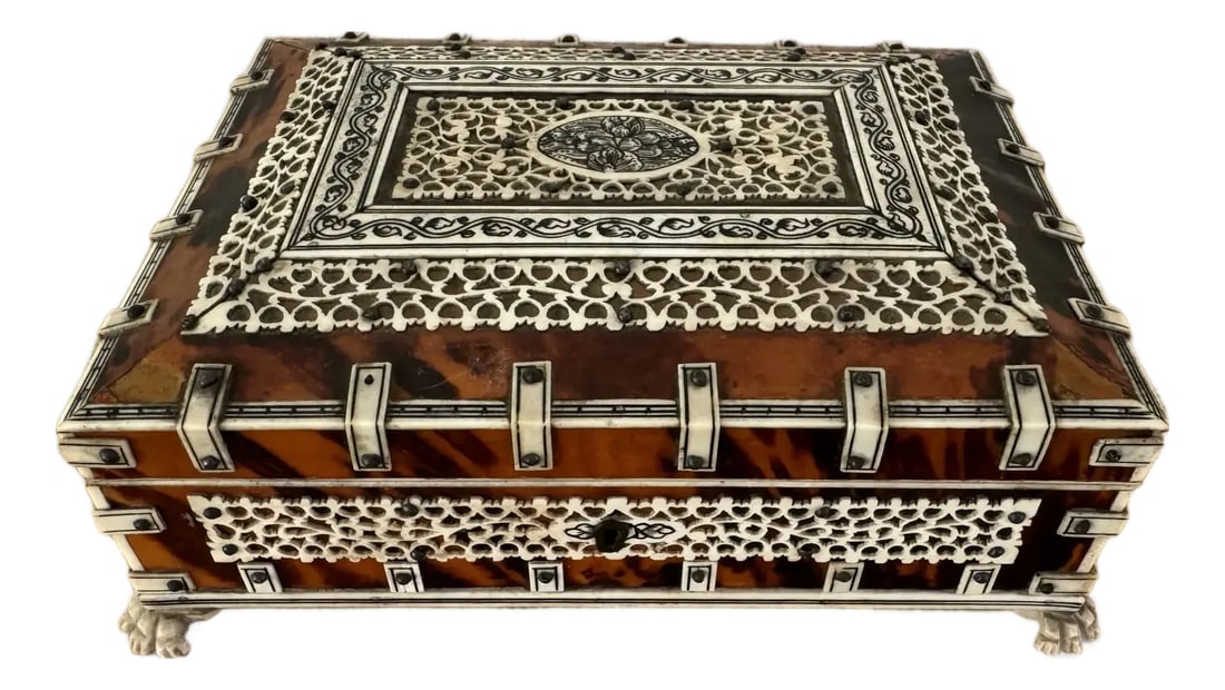 Antique Anglo Indian Box: Anglo Indian box. Paw feet. Interior is lined in blue velvet. Condition: Alterations: Original Condition Unaltered Imperfections: Some Imperfections Condition Notes: condition consistent with age and 