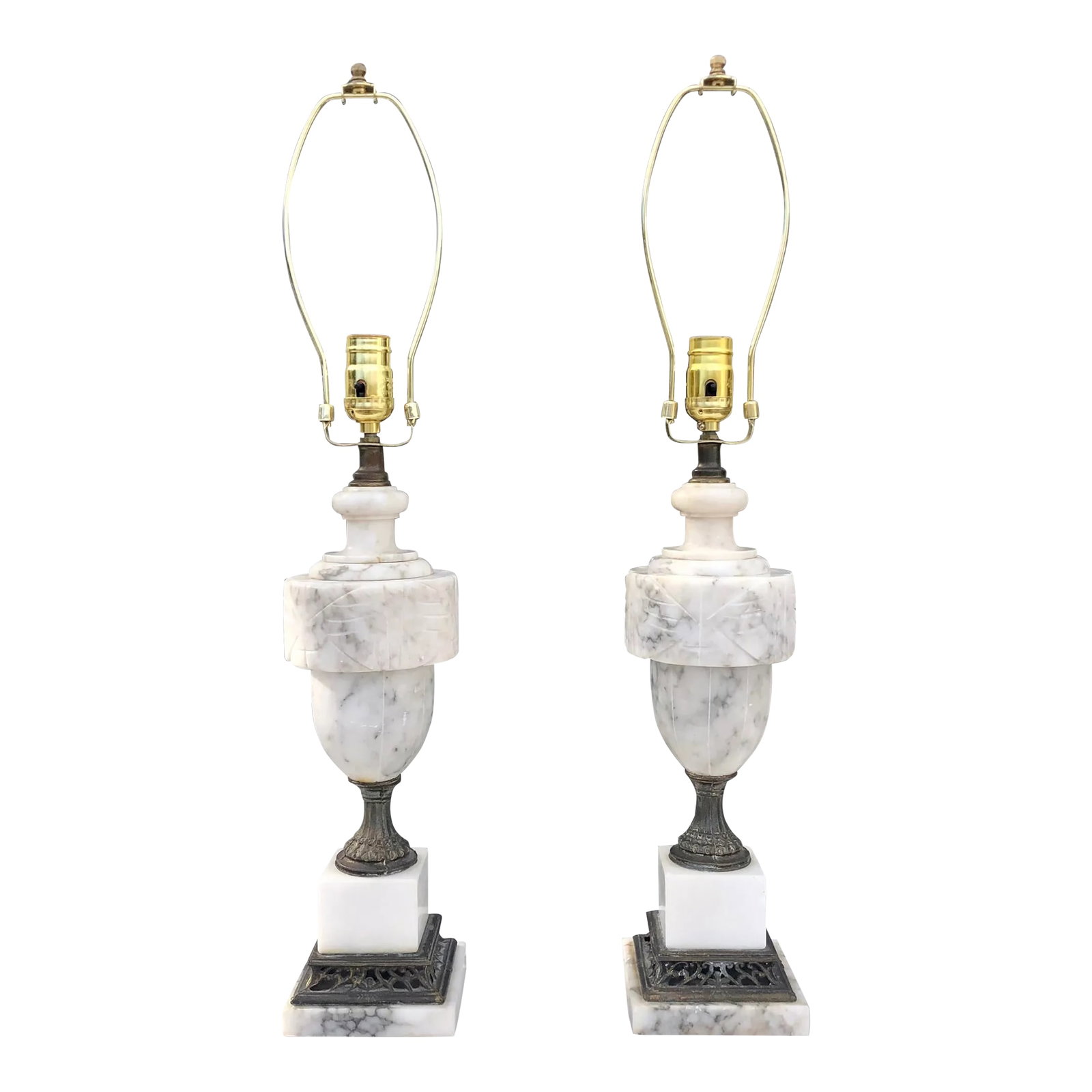 Late 19th Century Alabaster and Bronze Table Lamps, a Pair: Stunning duo of late 19th Century Italian alabaster and bronze lamps ready to add charm and history to a dining console, entryway or office. The base measures 5" square, and the height is approximatel