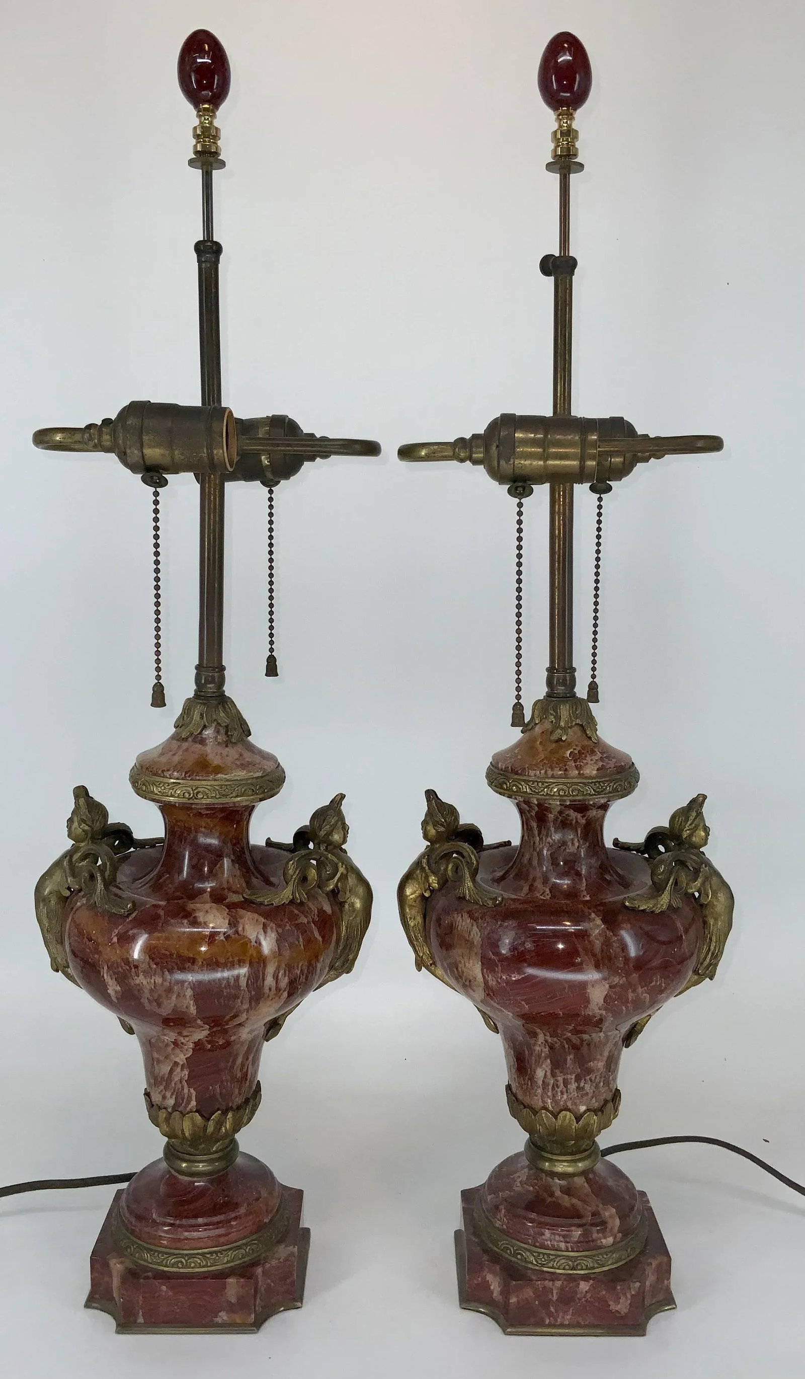 Pair of French Empire Style Rouge Marble Table Lamps With Figuras Bronze Mounts - 13