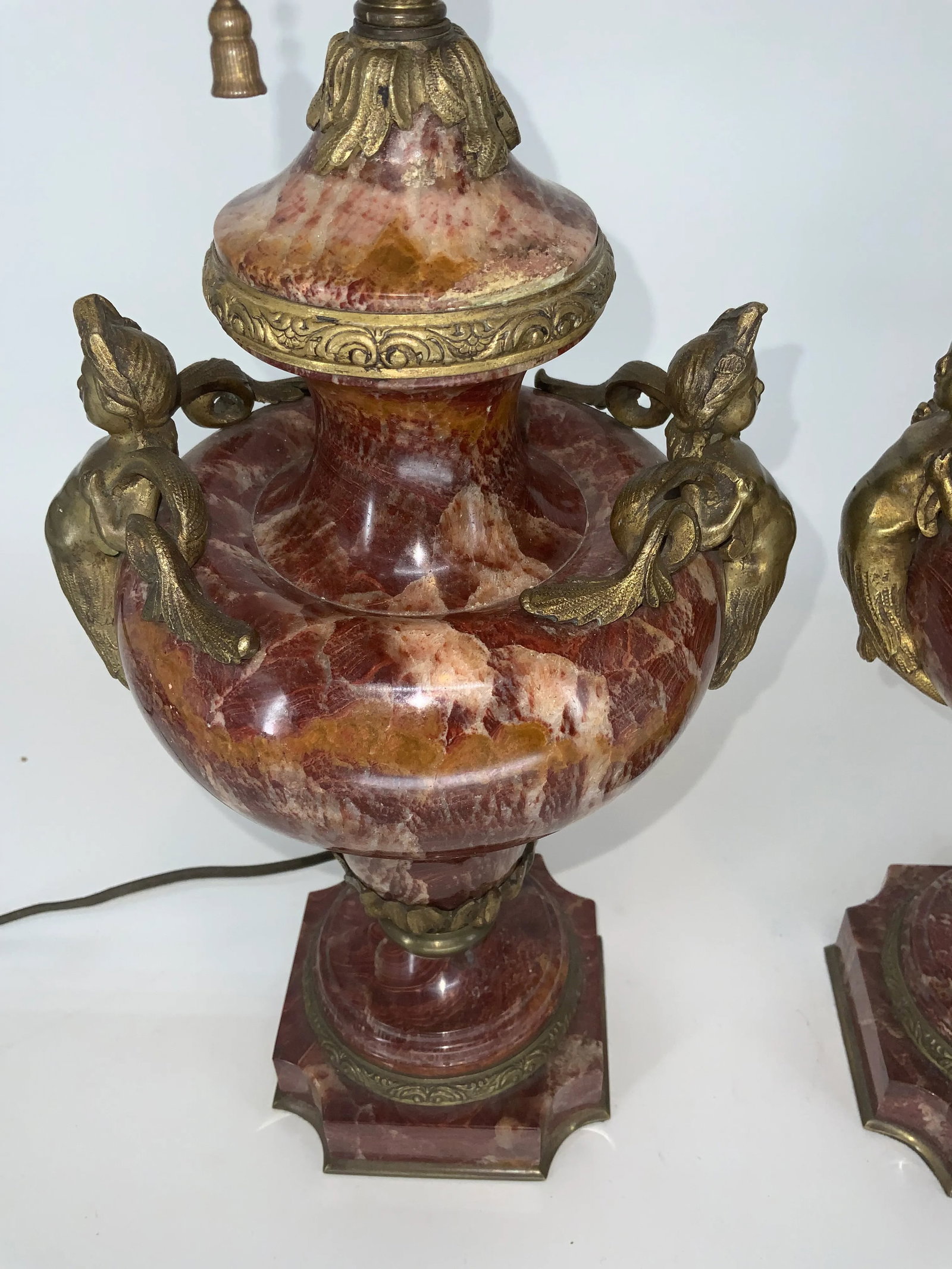 Pair of French Empire Style Rouge Marble Table Lamps With Figuras Bronze Mounts - 4