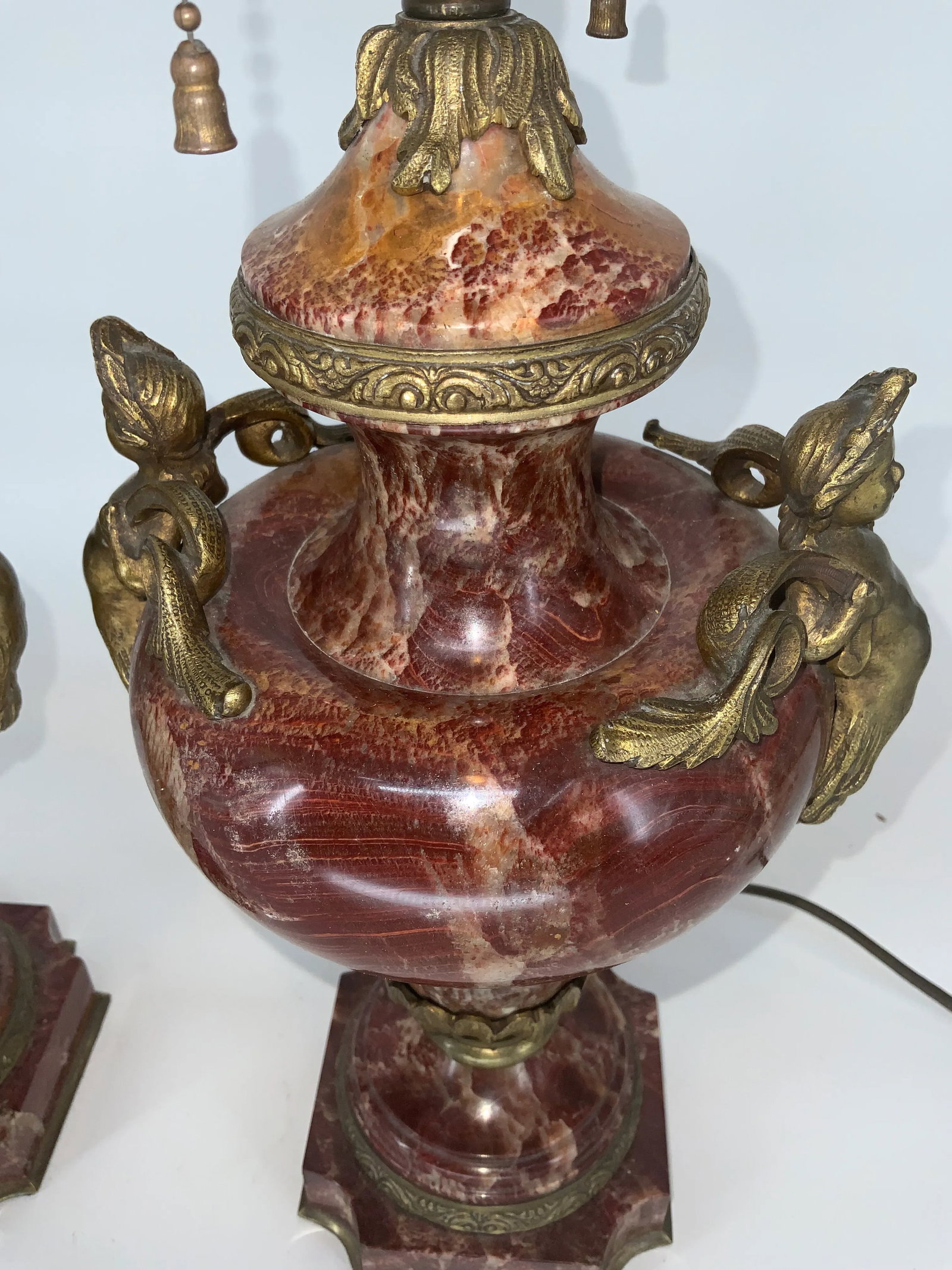 Pair of French Empire Style Rouge Marble Table Lamps With Figuras Bronze Mounts - 5
