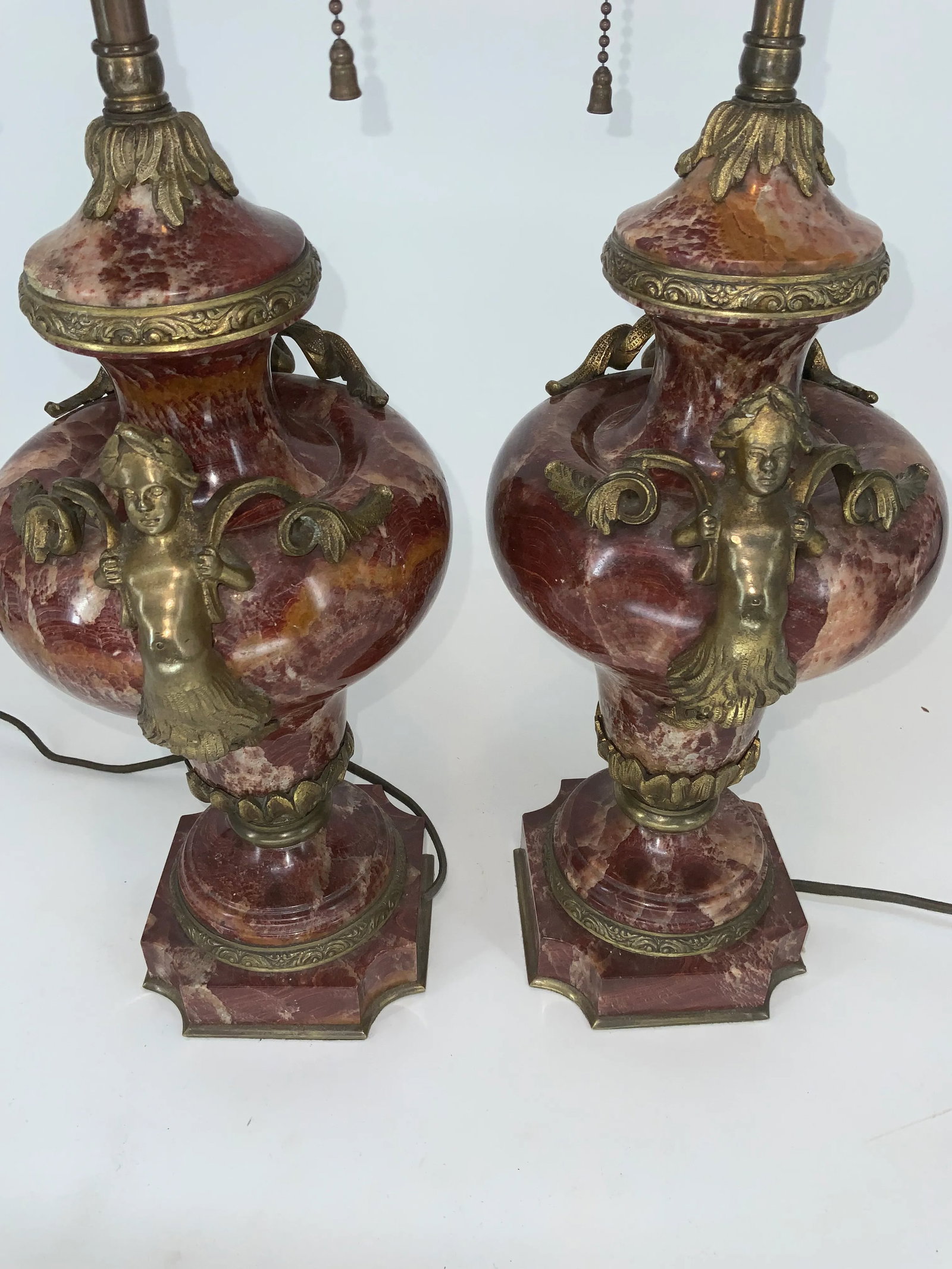 Pair of French Empire Style Rouge Marble Table Lamps With Figuras Bronze Mounts - 6