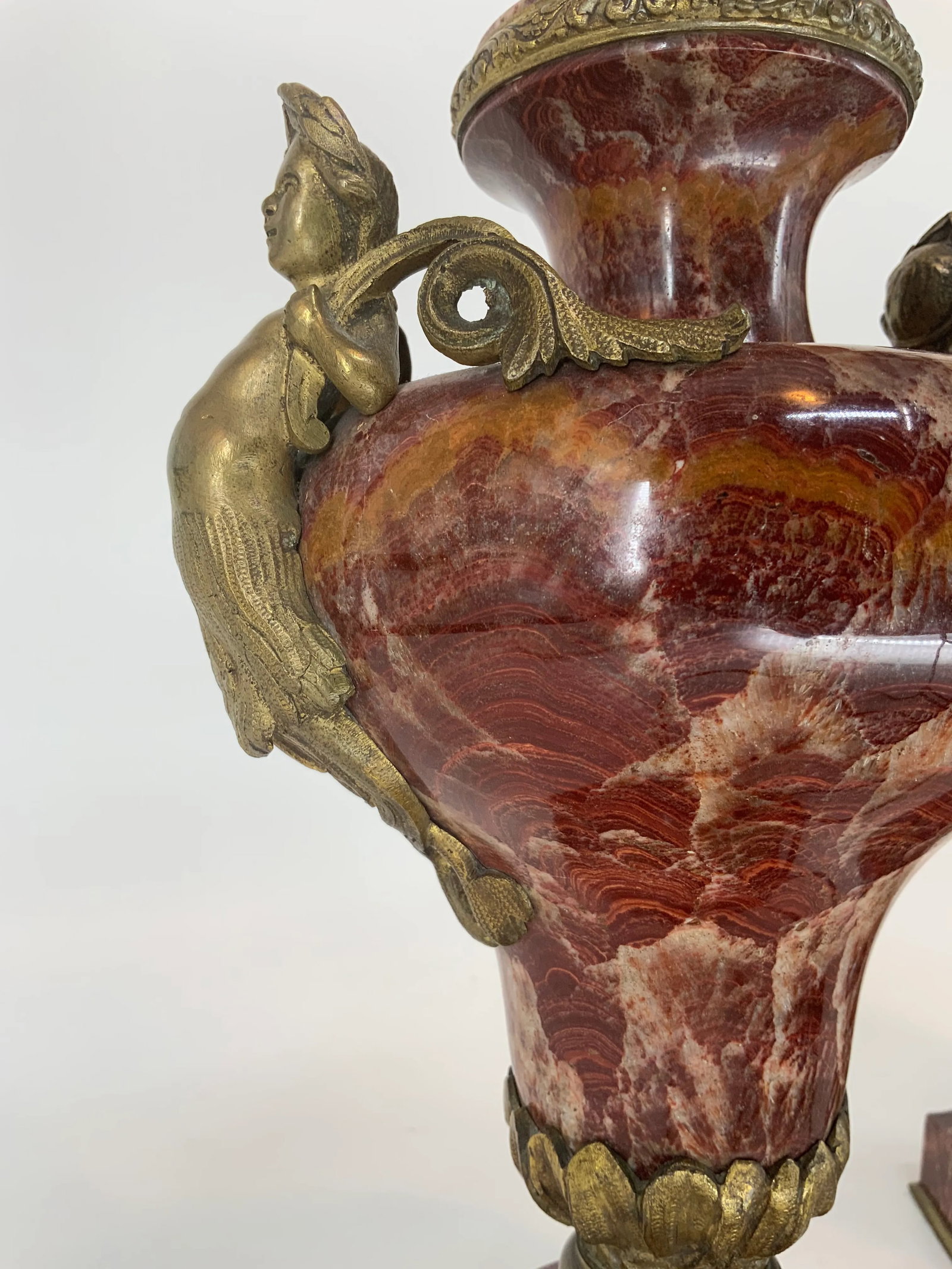 Pair of French Empire Style Rouge Marble Table Lamps With Figuras Bronze Mounts - 8