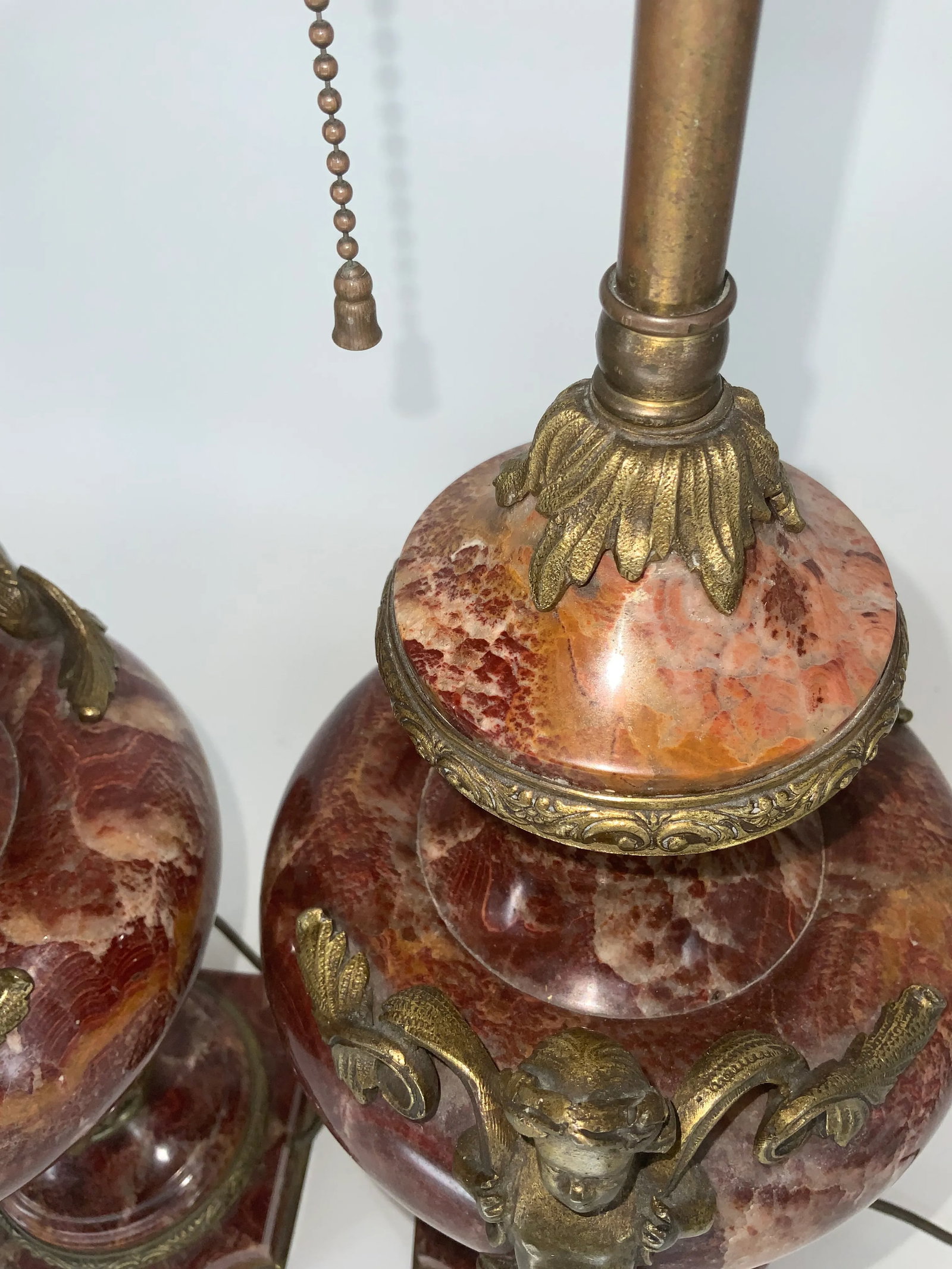 Pair of French Empire Style Rouge Marble Table Lamps With Figuras Bronze Mounts - 9