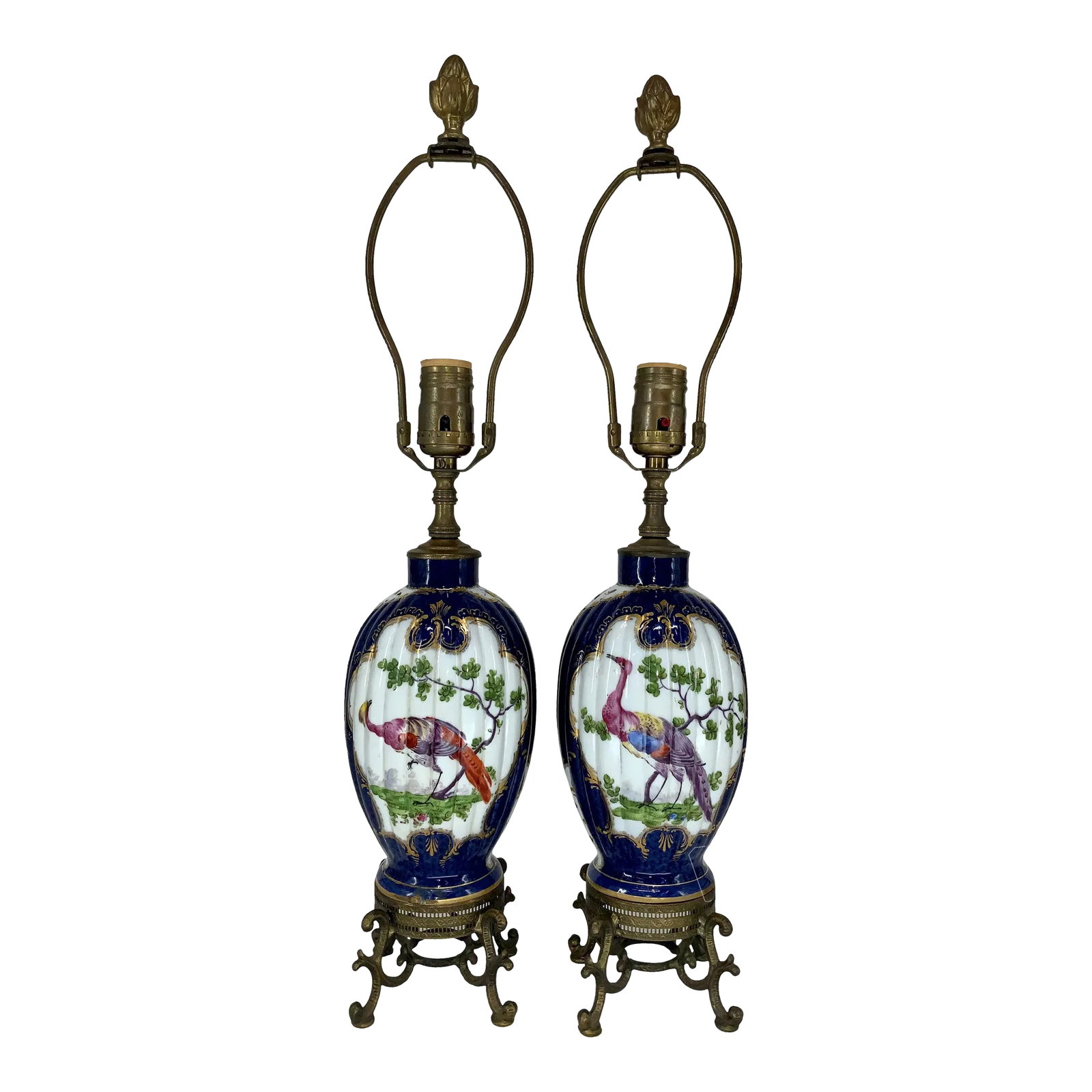 Pair of Worcester Dr Wall Porcelain Lamps: Pair of rare English Doctor Wall Worcester circa 1870 ribbed form hand painted with exotic birds and insects vases mounted as lamps in early 20th century . . Rococo style , decorated with fish scale c
