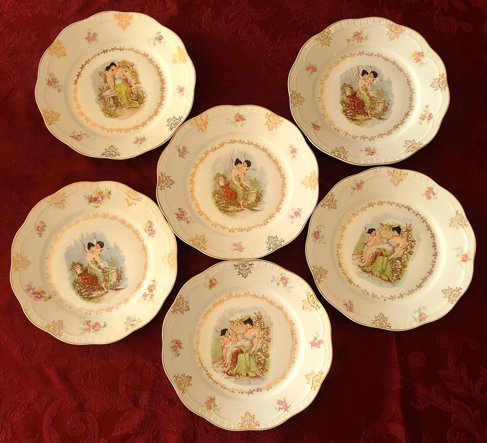 Antique z.s. & Co. Zeh Scherzer Bavaria Germany Cherub Plates- Set of 6 - 11