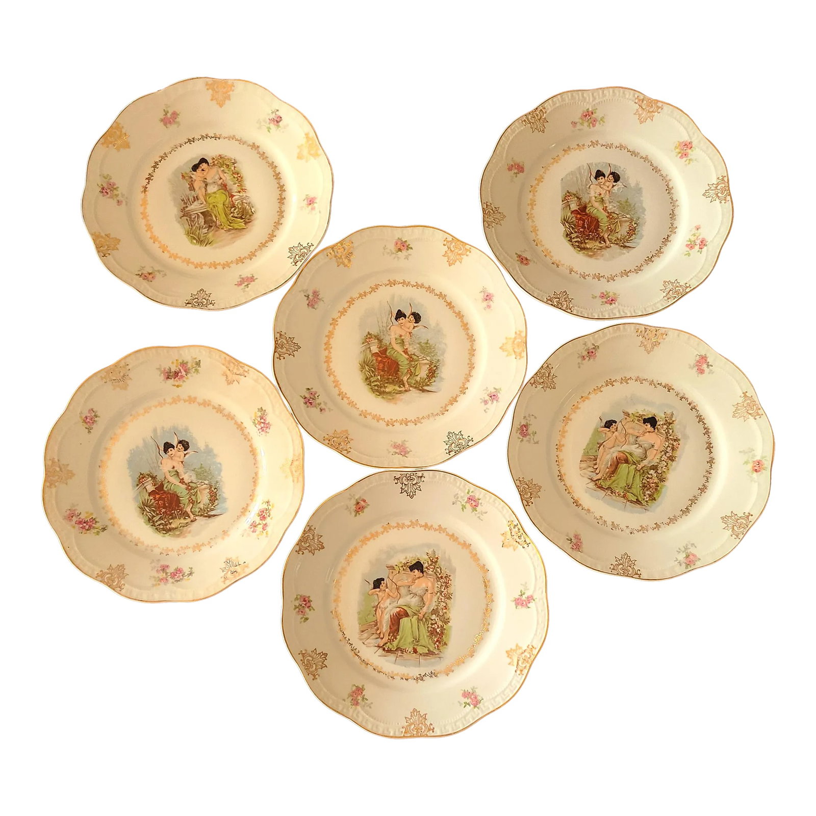 Antique z.s. & Co. Zeh Scherzer Bavaria Germany Cherub Plates- Set of 6: Rare set of six antique circa 1900 Z.S. & Co. Zeh Scherzer Bavaria Germany 9 1/2" Cherub and Maiden Plates. Main Color white, with gold, pink, and green hand painted figures, flowers, and details. Mak